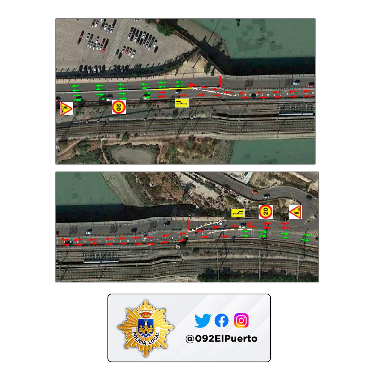 Una imagen gráfica de cómo se reorganizará el tráfico en el puente de la antigua N-IV sobre el río Guadalete para la entrada y salida de El Puerto.
