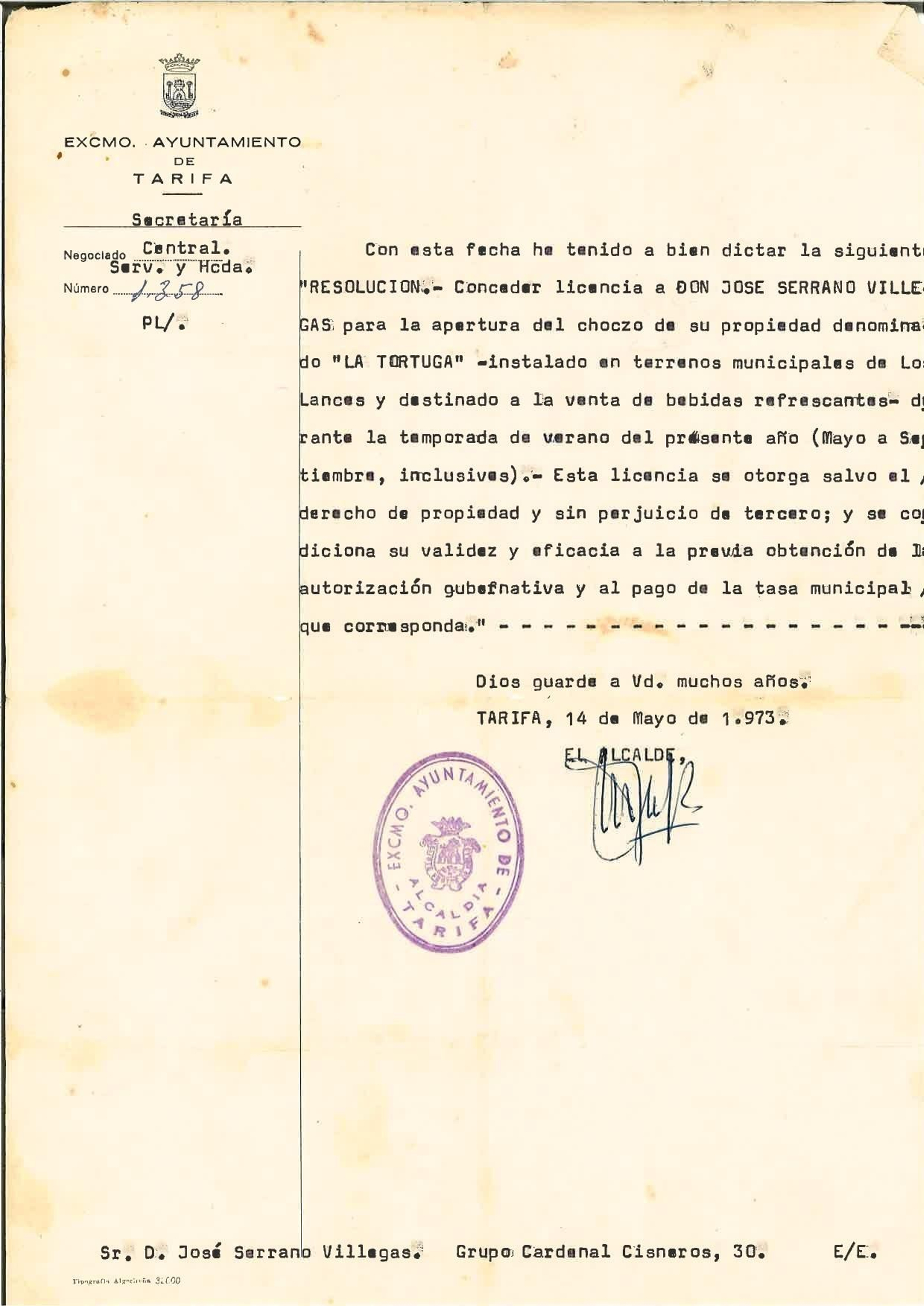 La licencia de apertura del bar, de 1973.