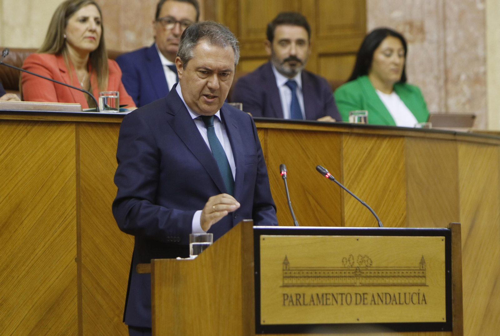 El presidente del grupo parlamentario socialista, Juan Espadas, durante su intervención en el debate de investidura.