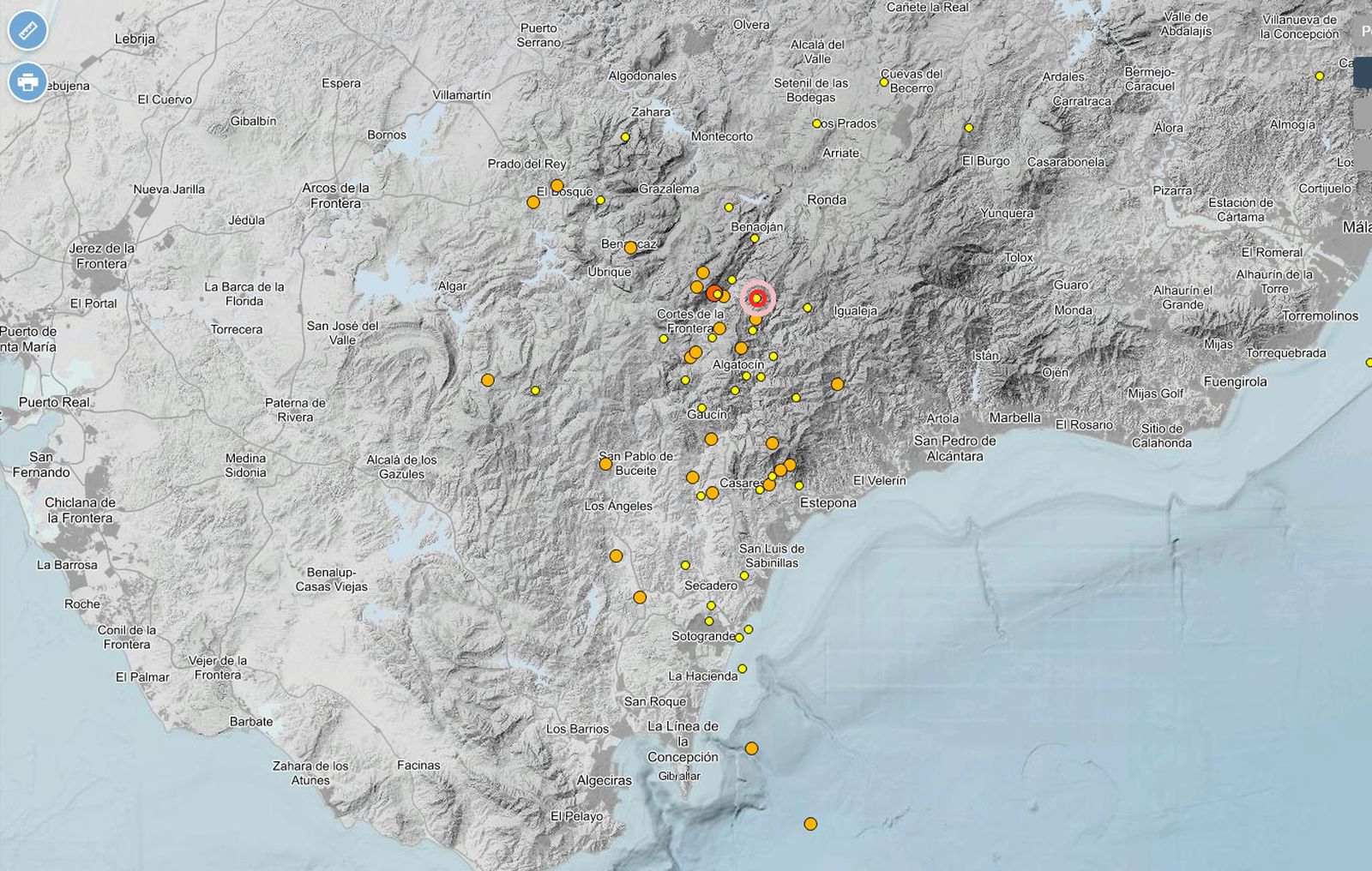 Pequeños terremotos registrados en la zona de la Sierra de Cádiz y de Ronda en los últimos tres días.