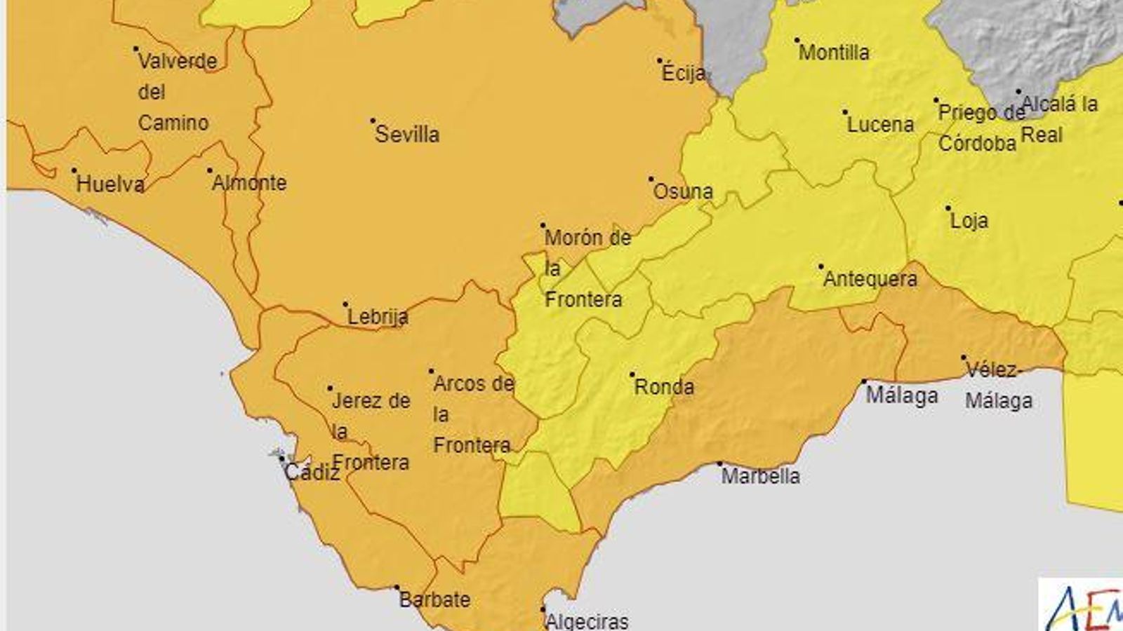 Avisos de la AEMET para la provincia de Cádiz y Andalucia este jueves 14 de noviembre.