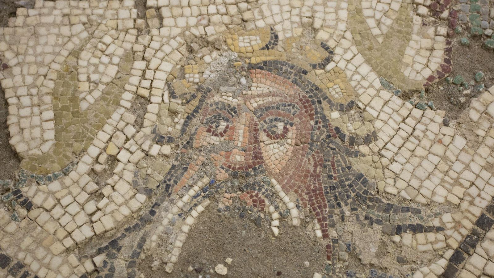 Fragmento del mosaico del rapto de Europa localizado en los almacenes.