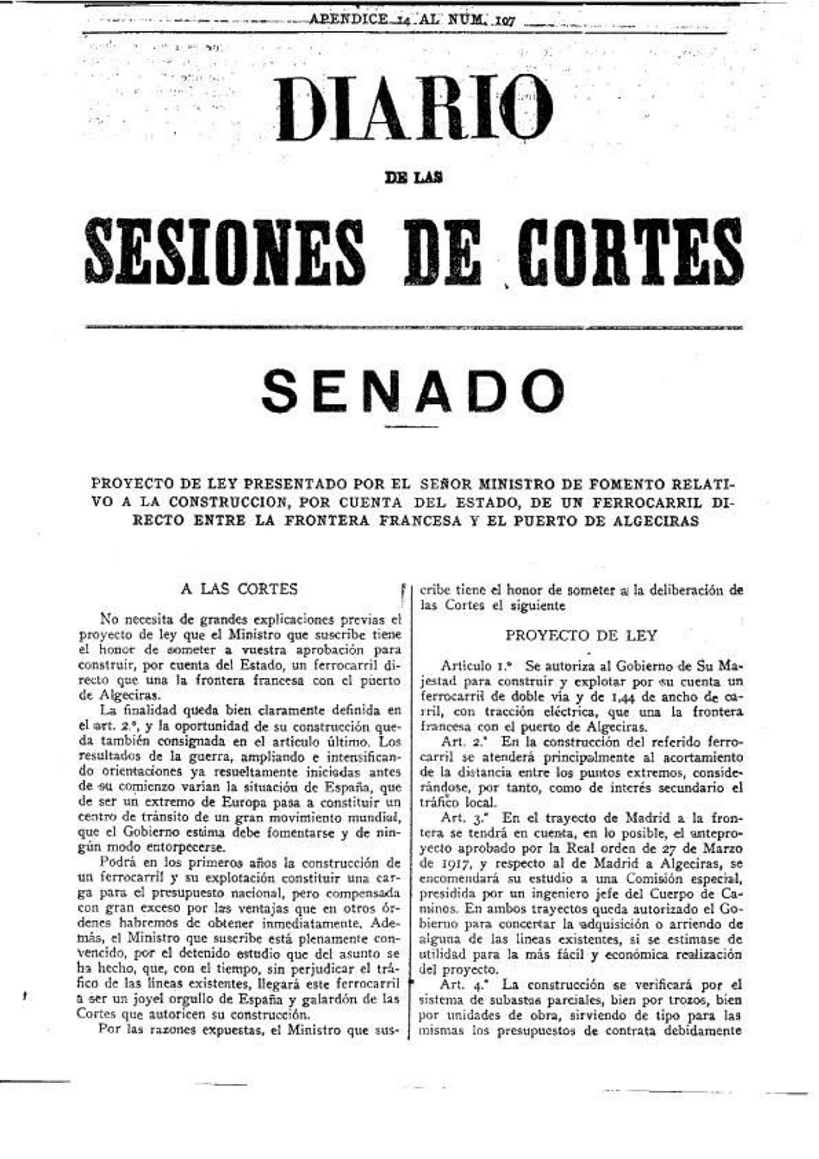 Diario de sesiones donde aparece el primer proyecto de conexión ferroviaria