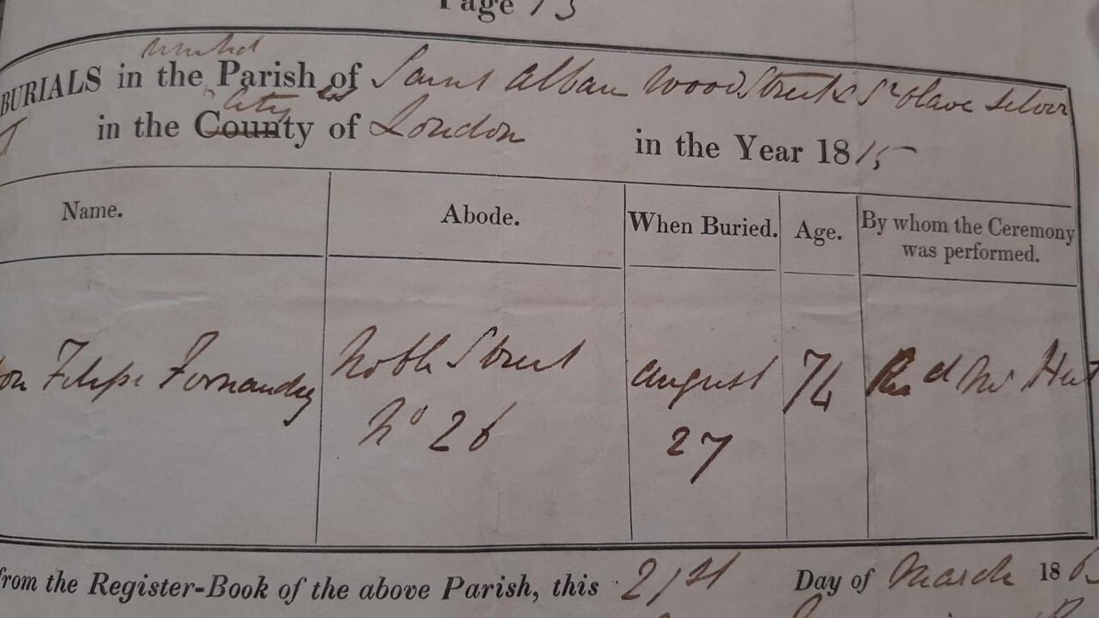 Certificado de enterramiento de Fernández.