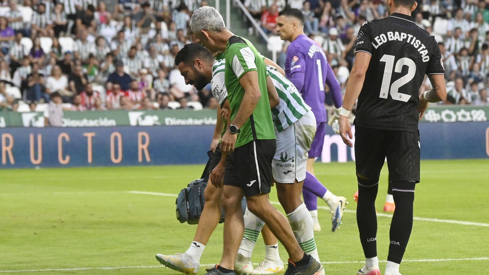 Rubén Alves es ayudado por los médicos del Córdoba CF tras el golpe recibido en el partido ante el Almería.