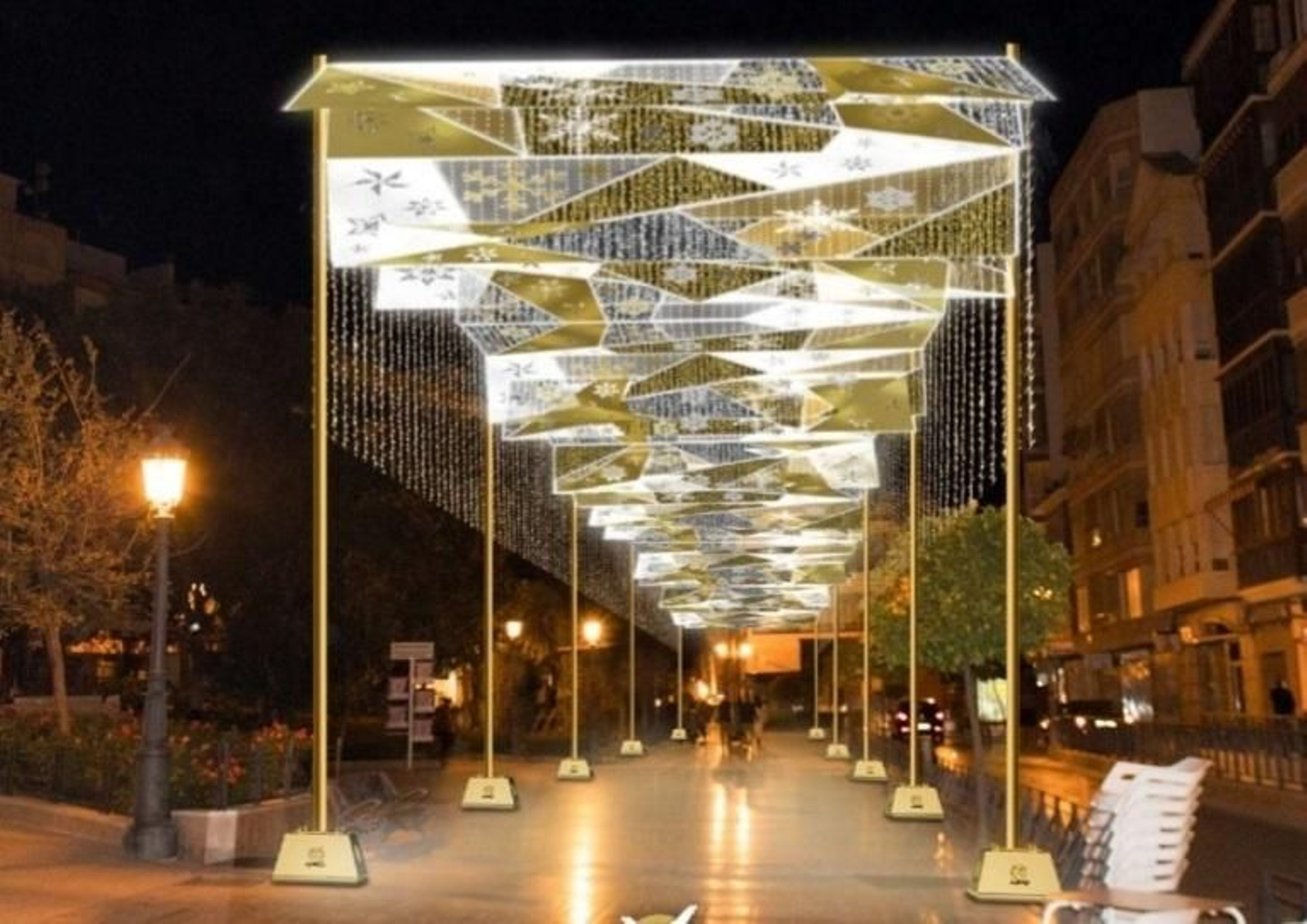 Paseo del Romeral de Puente Genil decorado con alumbrado navideño.