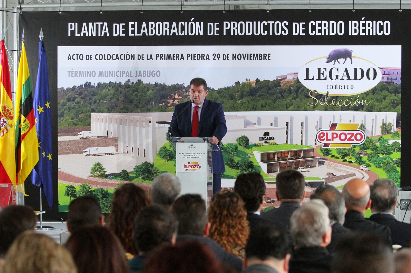 Imágenes de la colocación de la primera piedra de la planta de ElPozo en Jabugo.