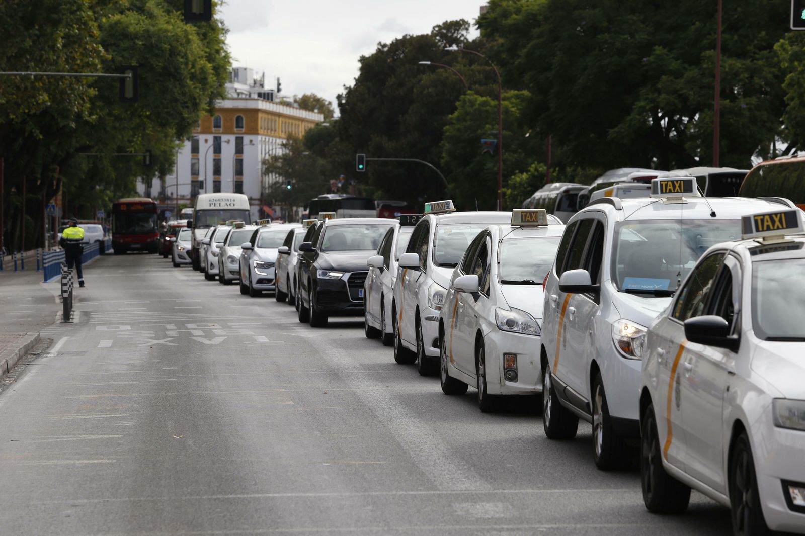 Taxistas en fila india durante la protesta de este lunes.