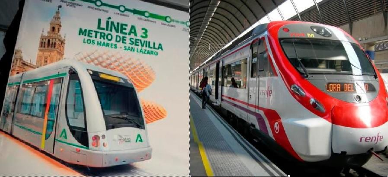 Cartel del Metro de Sevilla y un tren de Cercanías