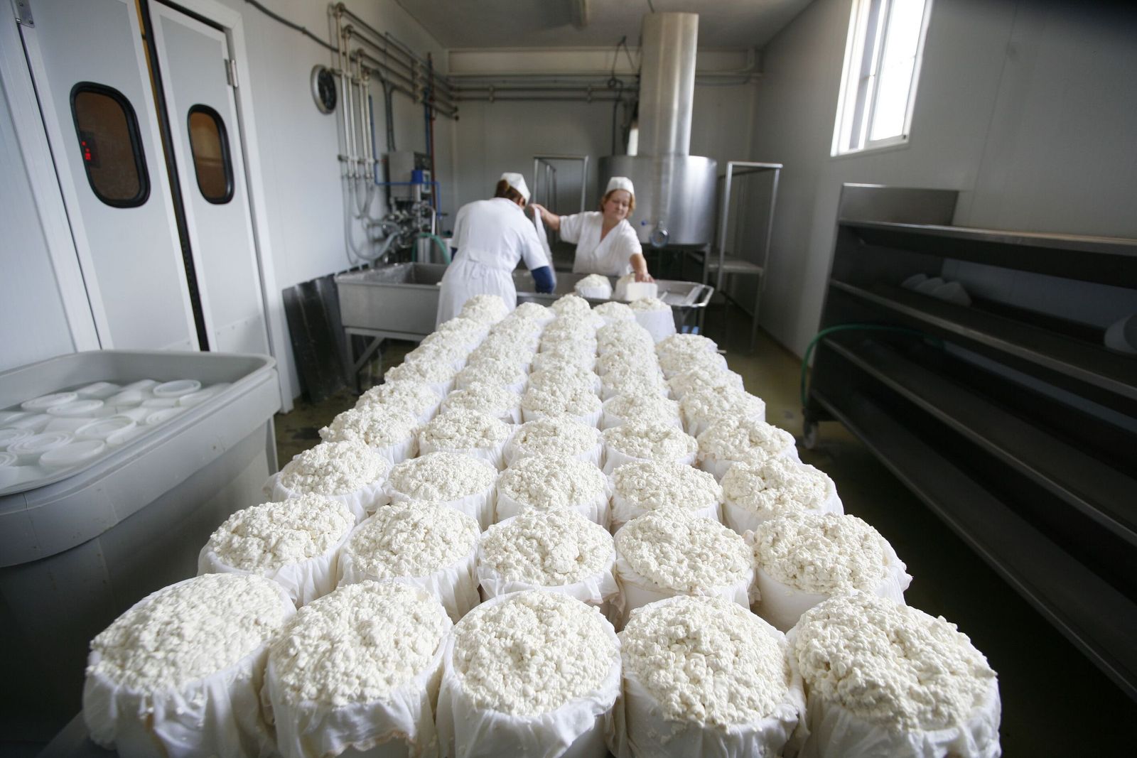 Dos personas trabajan en una quesería