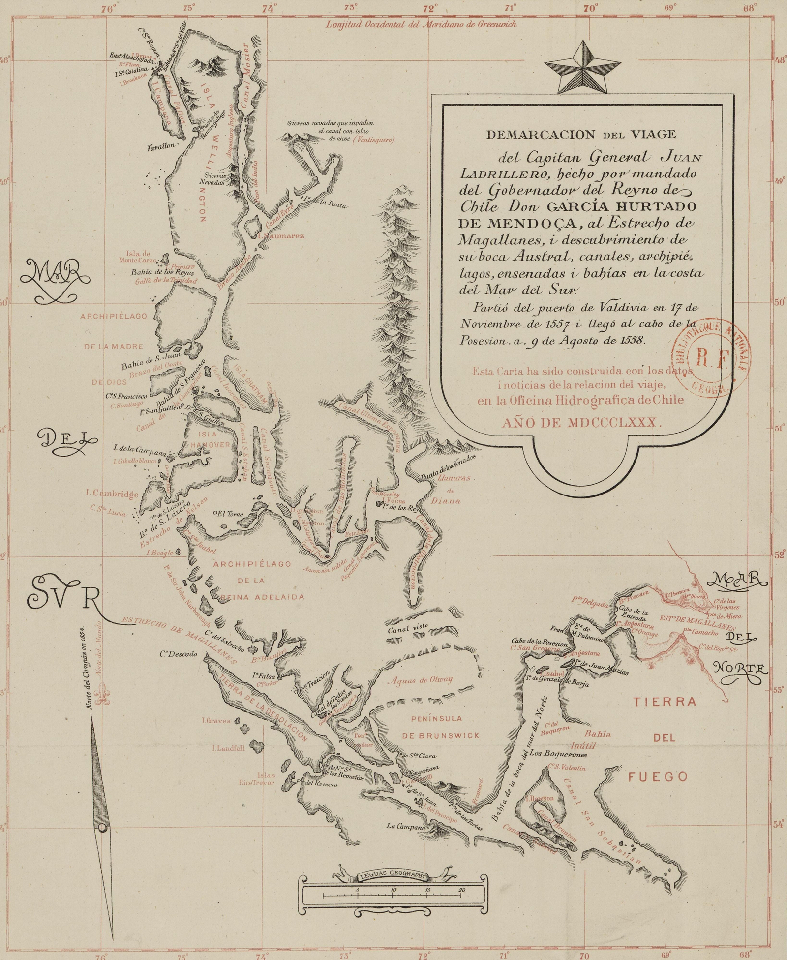 Mapa con el rumbo seguido por Juan Ladrillero en su expedición al estrecho. Biblioteca Nacional de Chile.