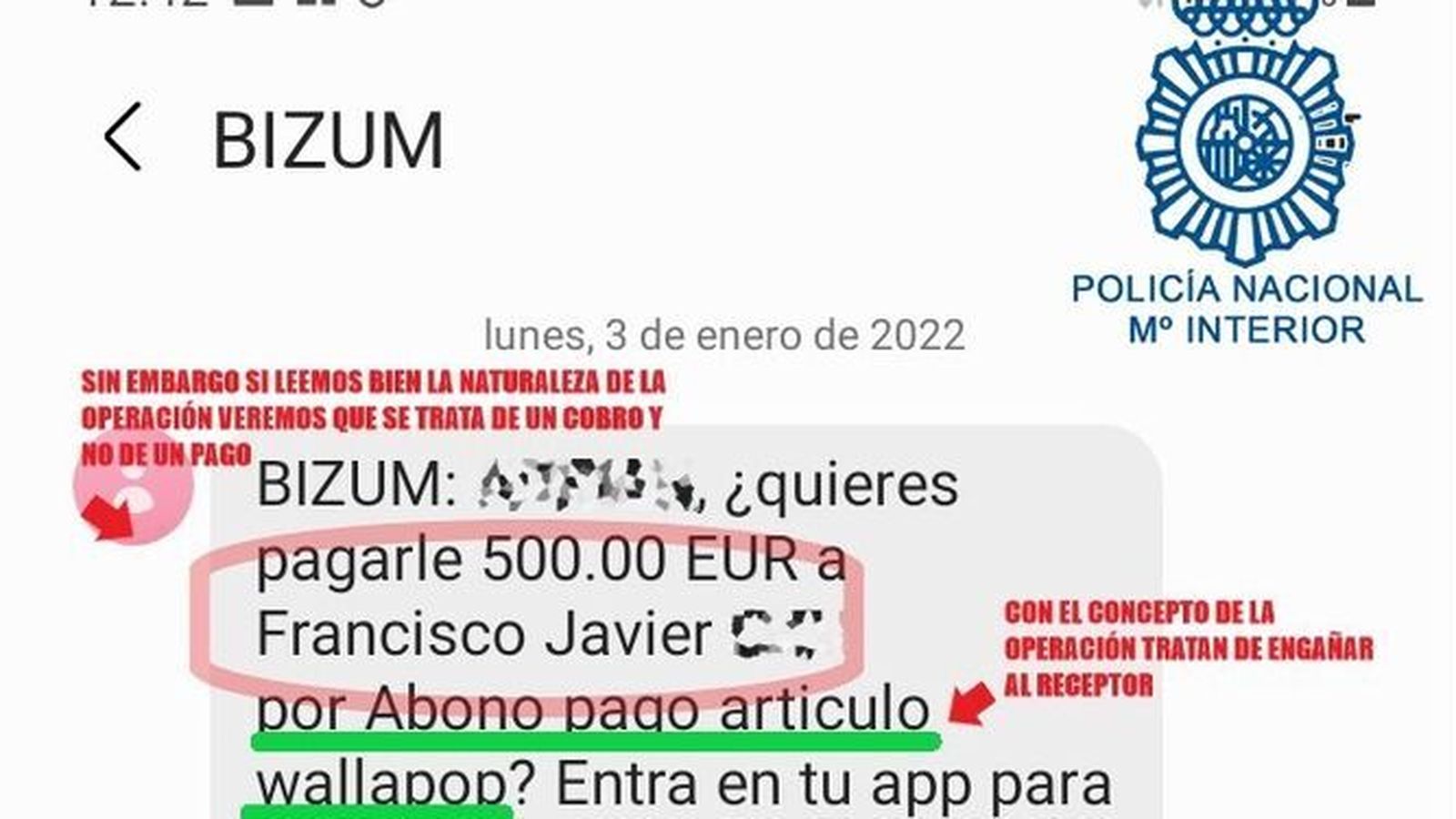 Captura de imagen de una estafa a través de Bizum