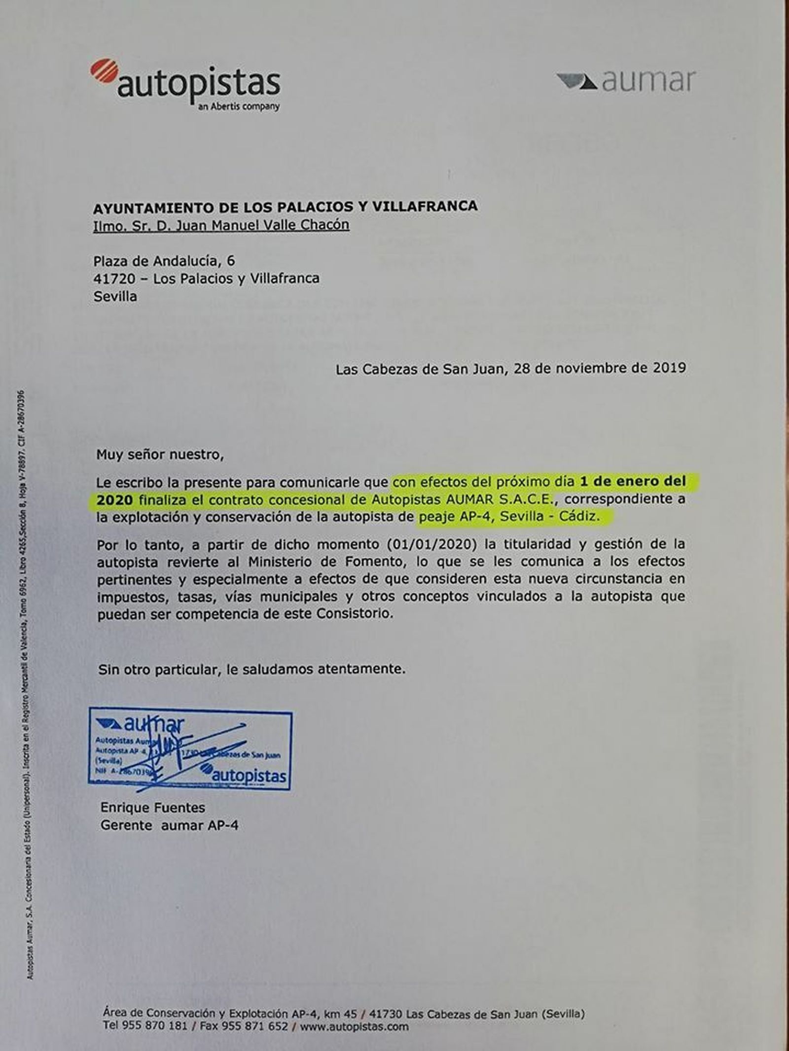 La carta con la que el gerente de Aumar notifica el fin de la concesión a la empresa y que ha sido compartida por los alcaldes.