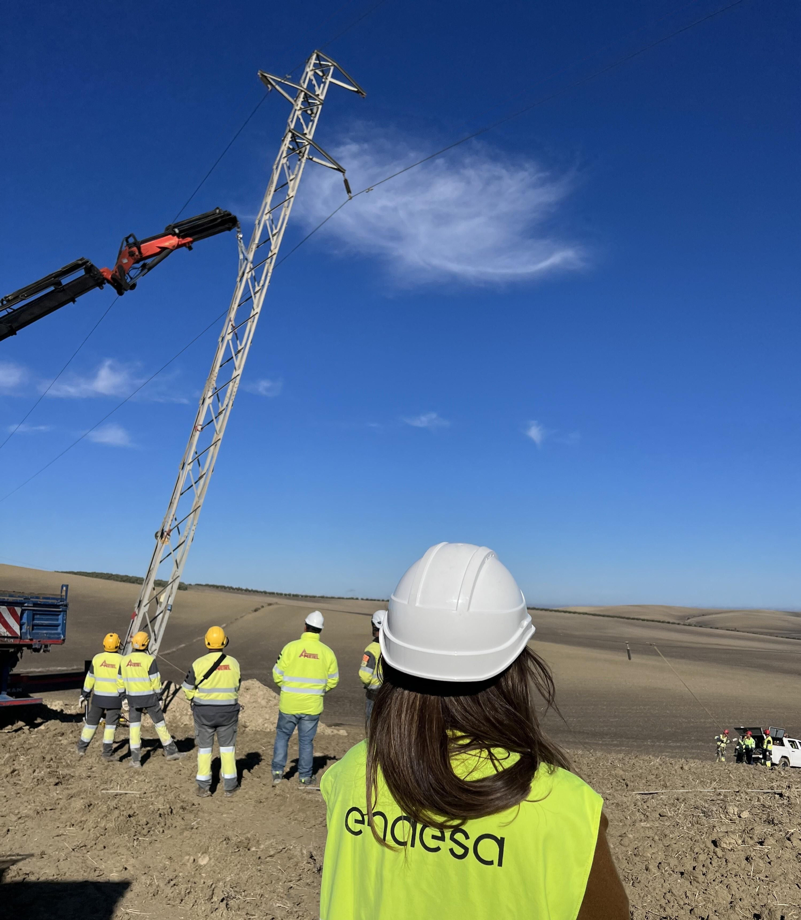 Reposición de torre eléctrica desplomada por la borrasca Bernard.