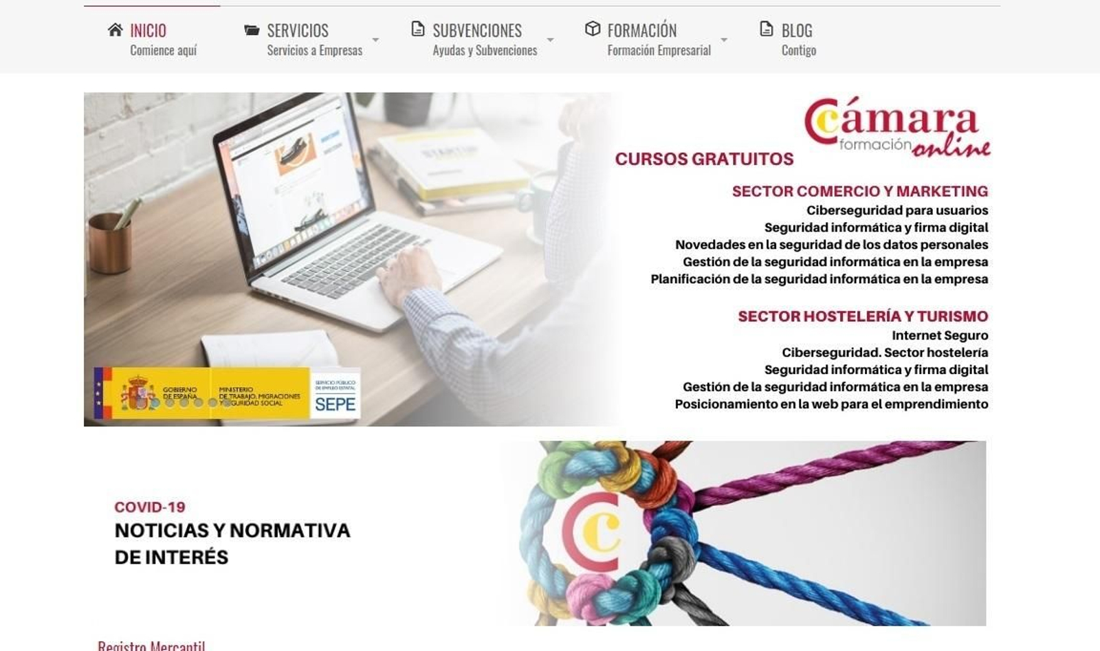 Portada de la zona de formación de la web de la Cámara de Comercio.