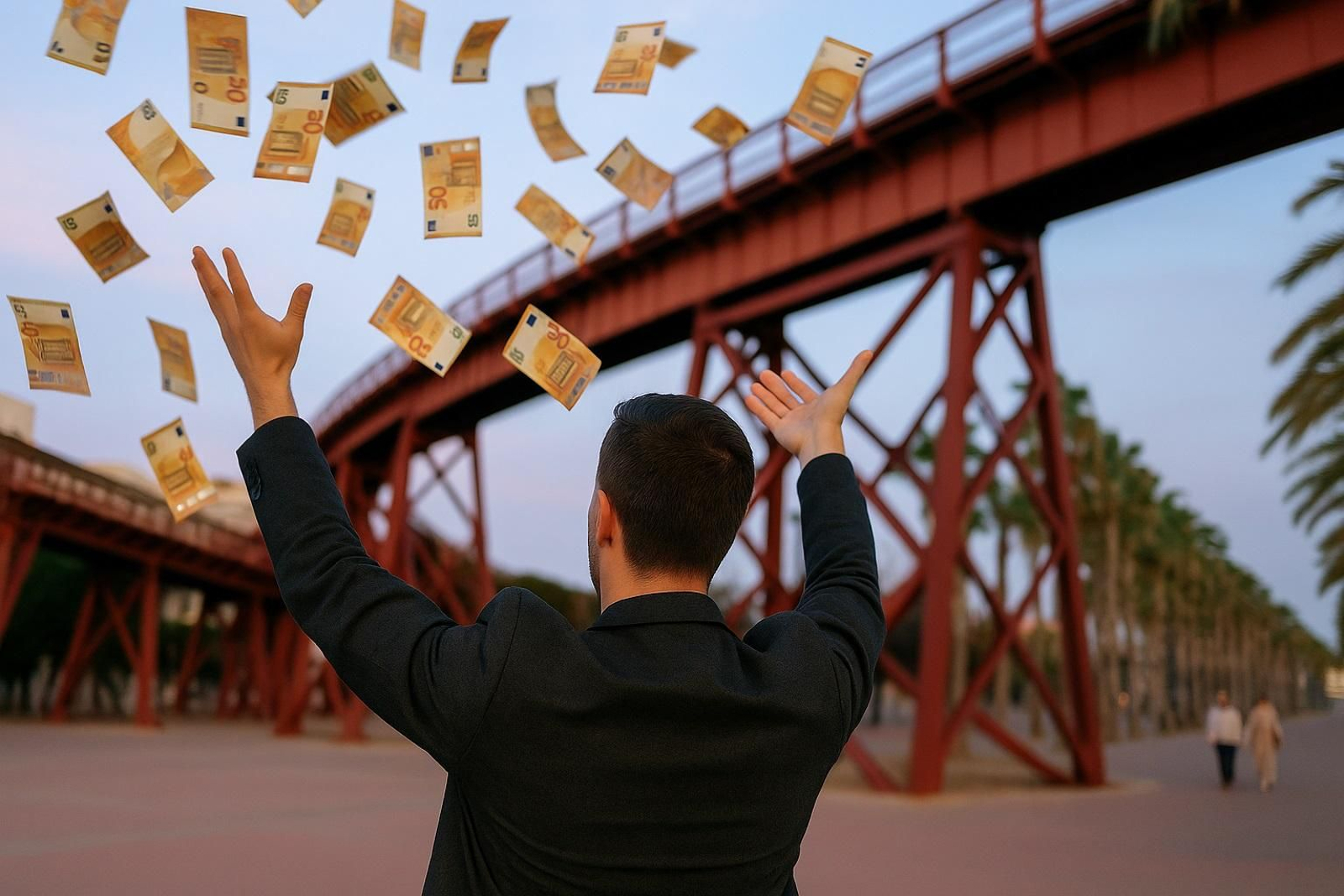 Una persona tira billetes junto al Cable Inglés de la ciudad de Almería.