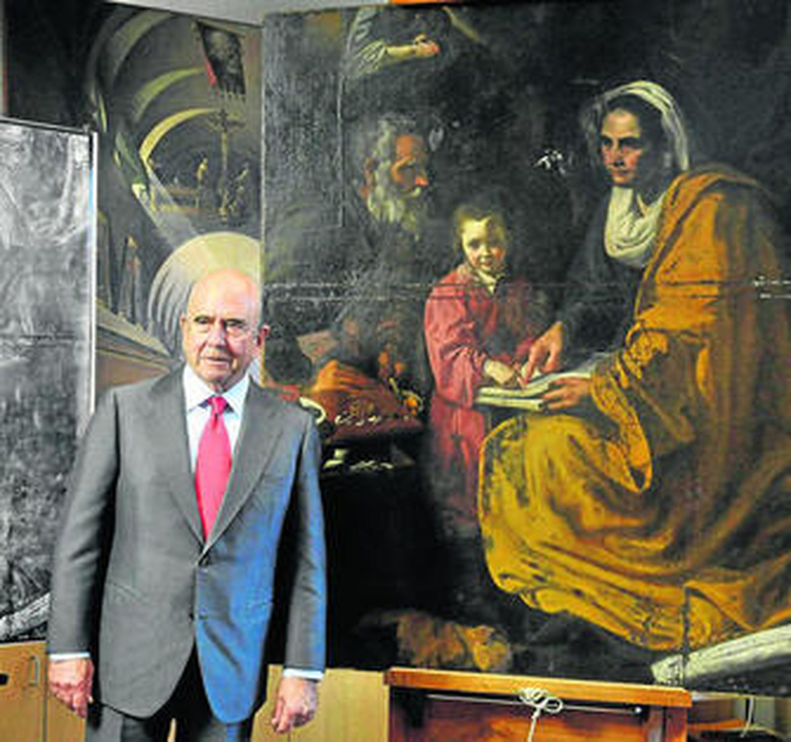 Botín, junto al cuadro 'La educación de la Virgen', descubierto en los almacenes de la Universidad de Yale.