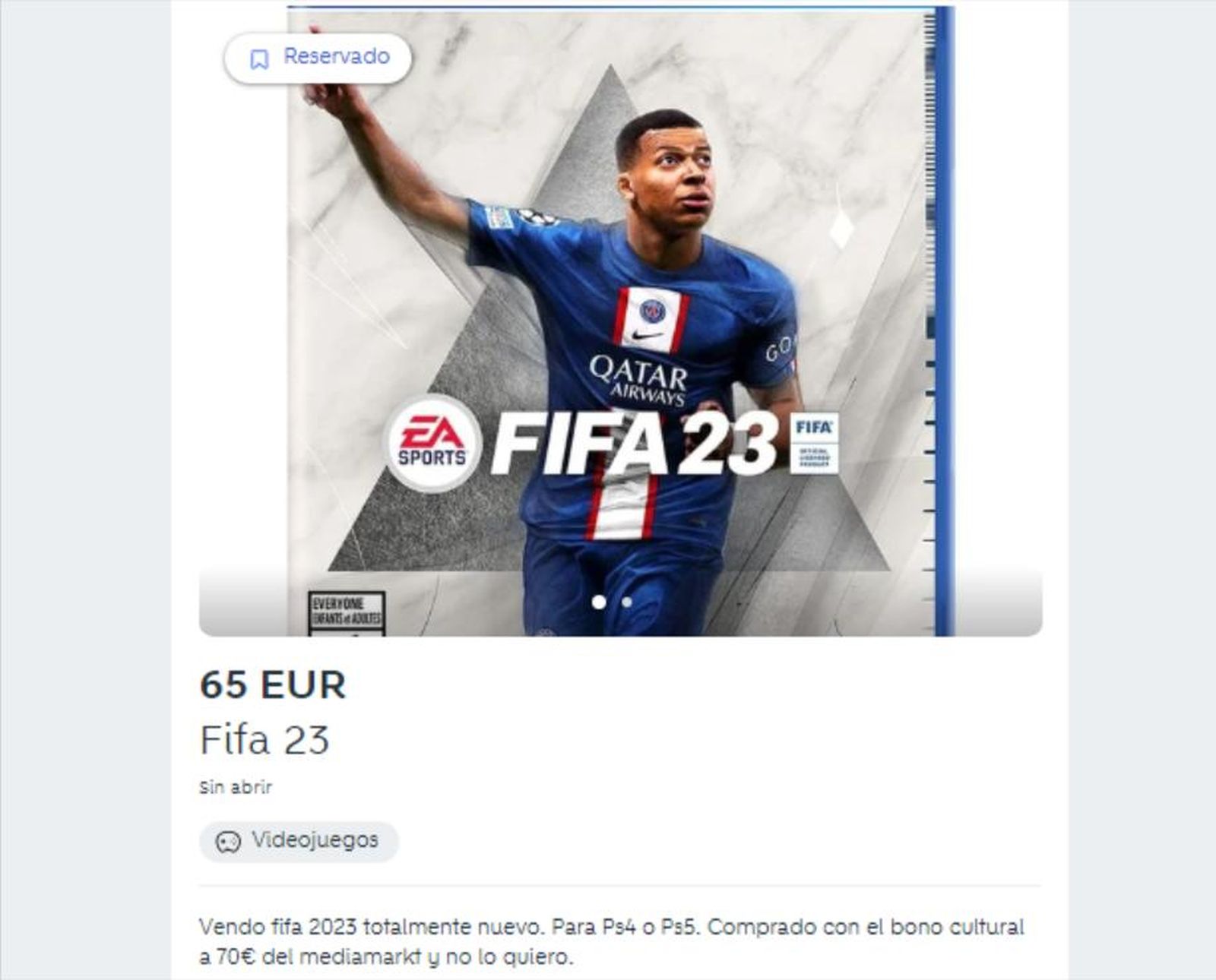 Captura de la venta del videojuego comprado con el bono cultural joven y puesto a la venta en Wallapop