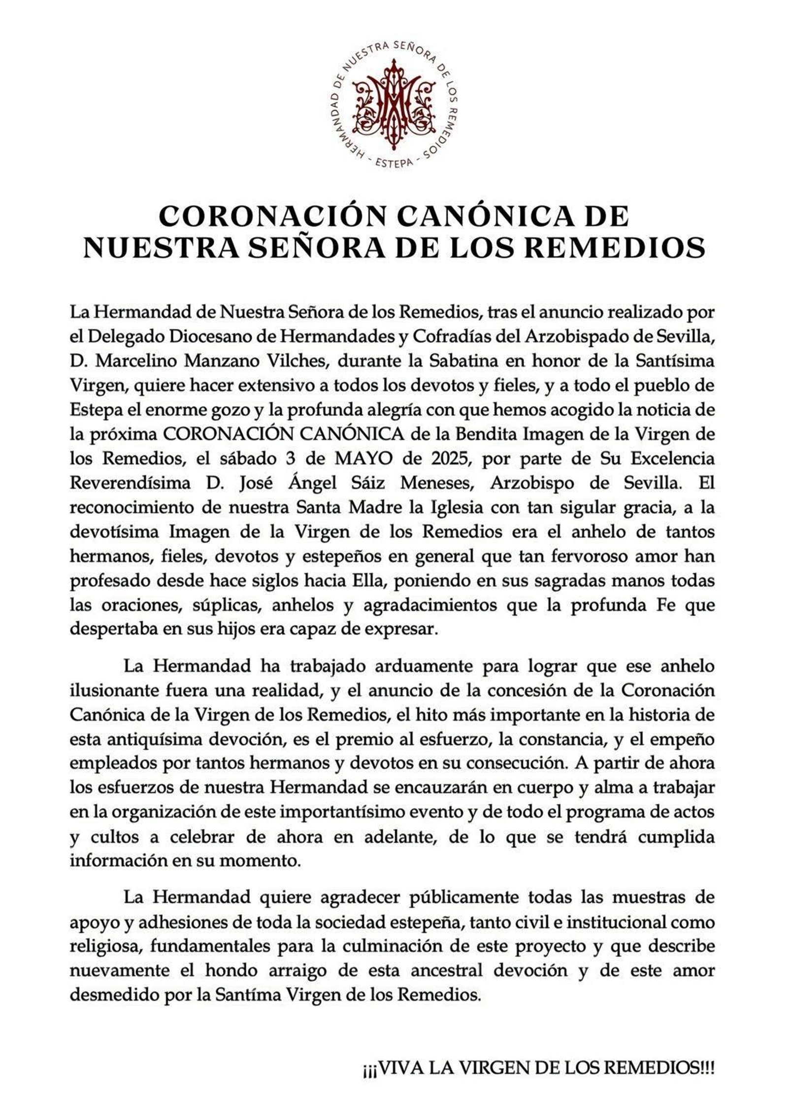 Comunicado de la coronación canónica