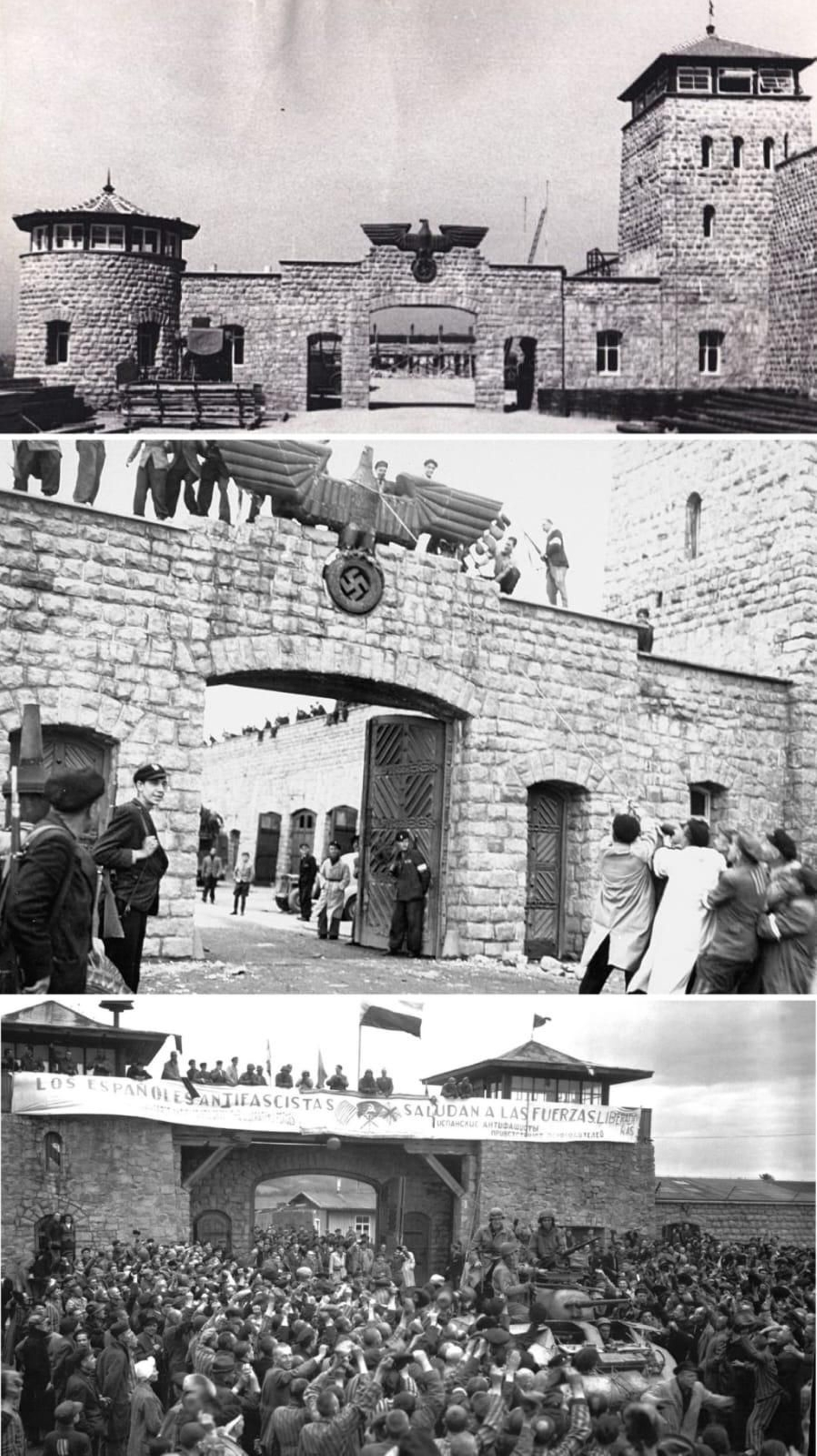 Supervivientes españoles derriban el águila nazi de Mauthausen tras ser liberados. Su pancarta proclamaba: "Los españoles antifascistas saludan a las fuerzas libertadoras".