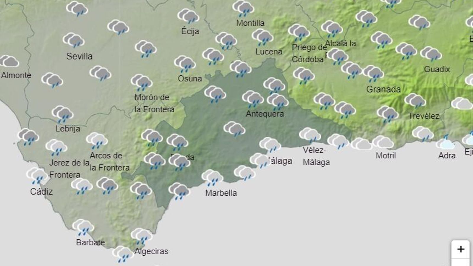 El mapa de lluvias previsto por la Aemet para el miércoles 16 de noviembre.