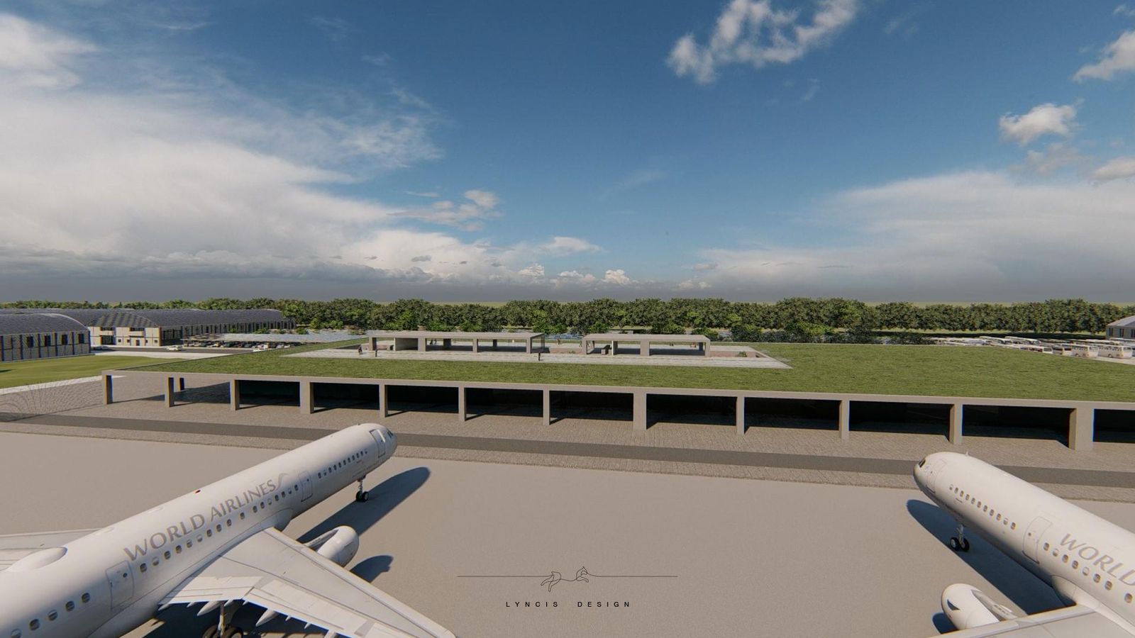 Vista de la terminal desde las pistas recreada para el proyecto inicial del aeropuerto de Huelva Cristóbal Colón.