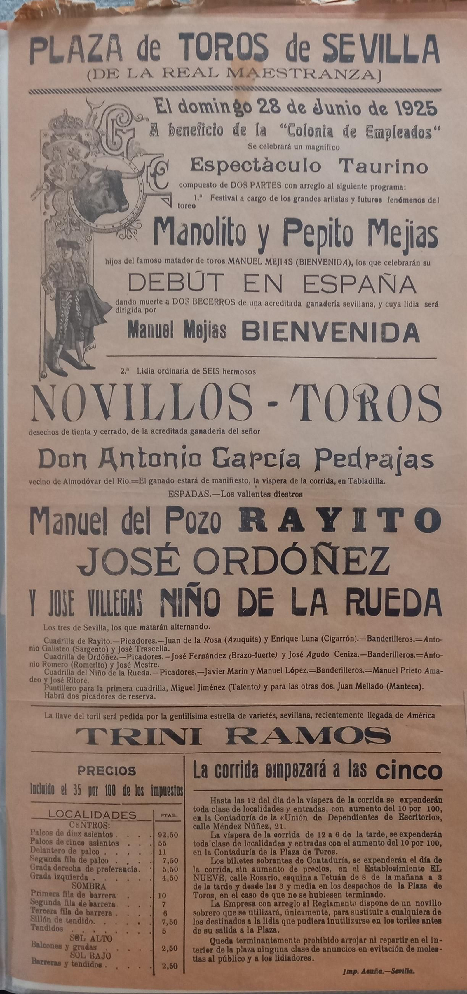 Cartel original del debut de los hermanos Manolo y Pepe Bienvenida el 28 de junio de 1925.