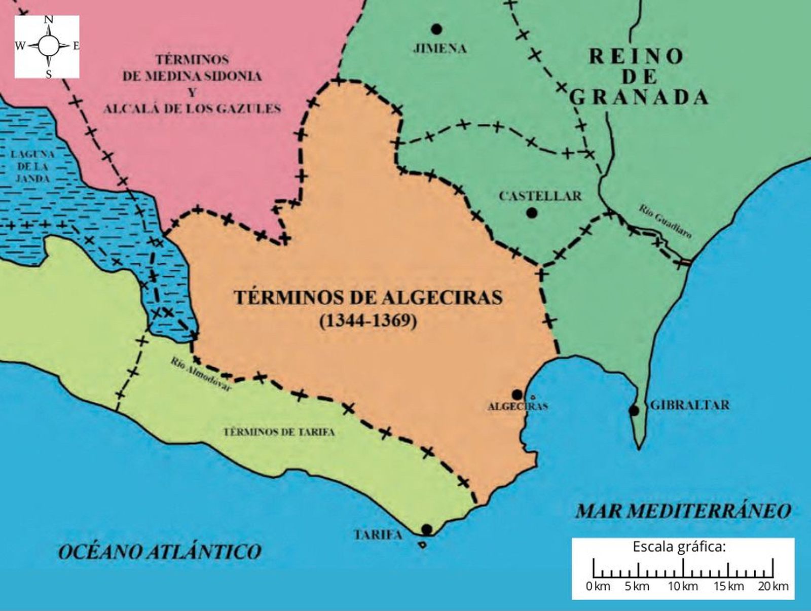 Mapa del término de Algeciras entre 1344 y 1369, según Antonio Torremocha (2015).