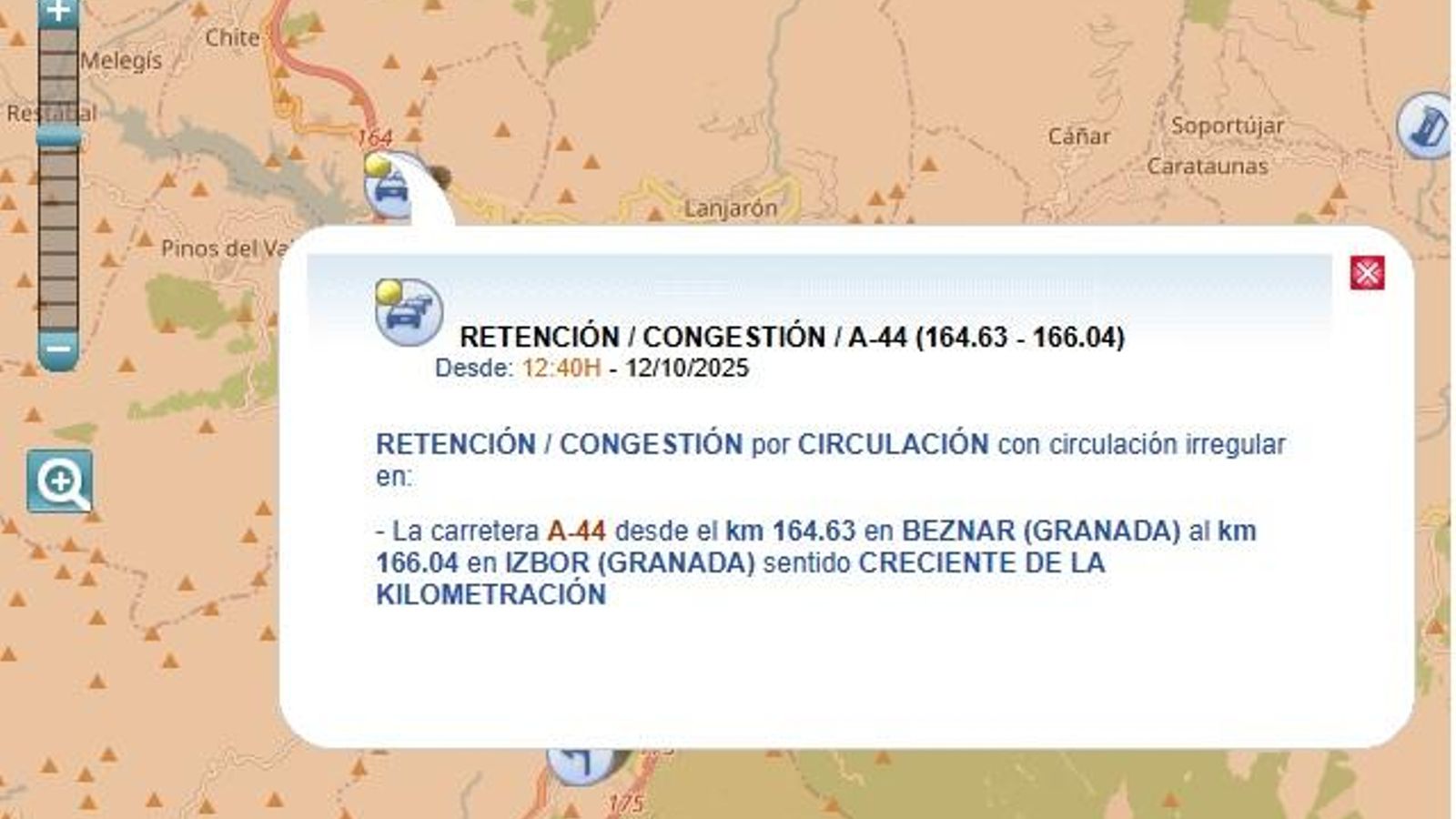 Aviso de la DGT con retenciones en la A44.