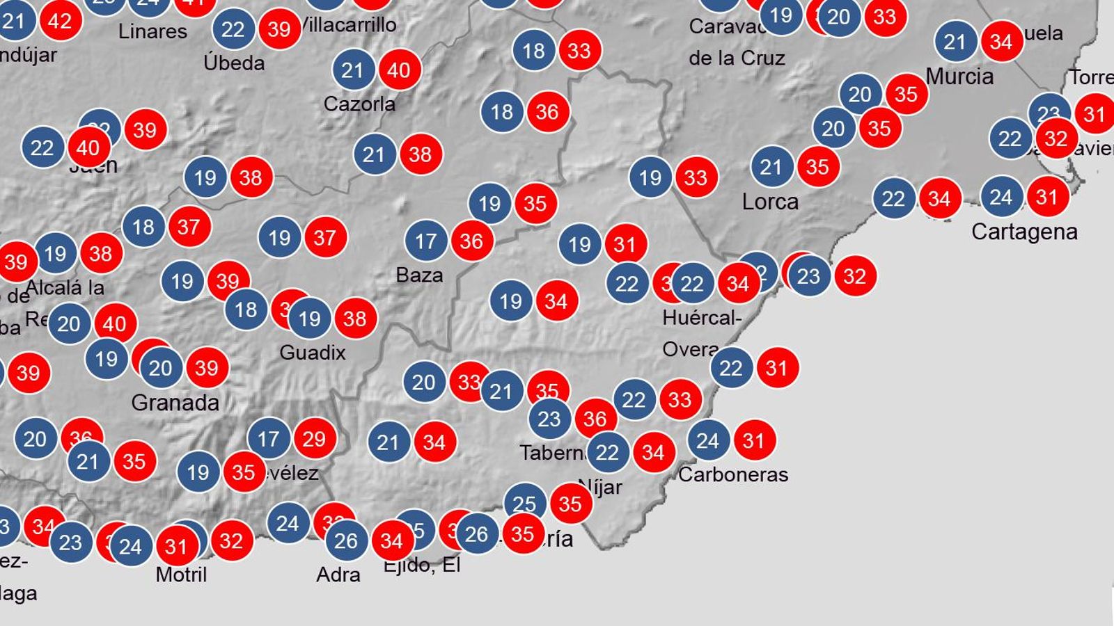 Temperaturas máximas previstas en Almería el domingo 3 de agosto. Temperaturas máximas previstas en Almería el domingo 3 de agosto.