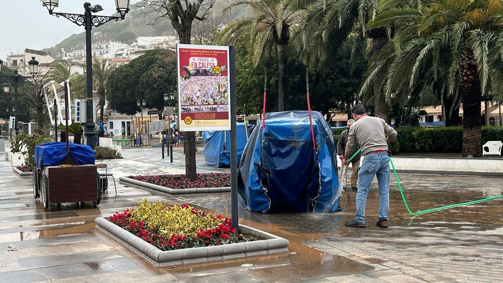 Un hombre baldeando los carros de caballos.