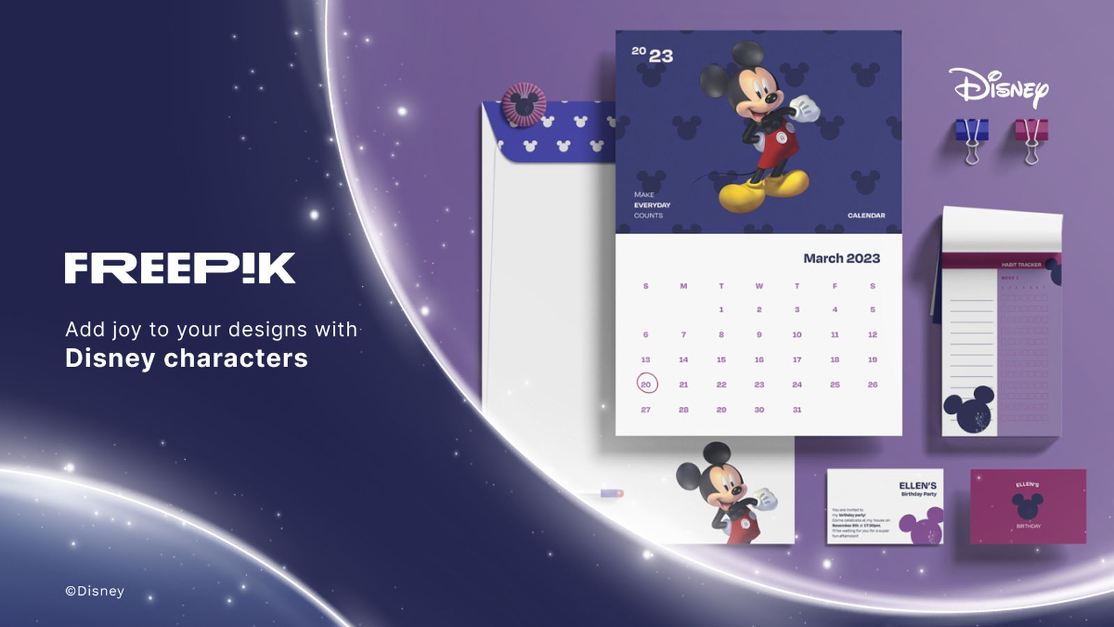 Tarjetas de cumpleaños y calendarios son algunos de los diseños Disney que se pueden encontrar en Freepik.