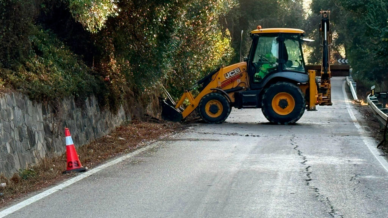 Un tractor trabajando en las labores de desbroce y poda de la carretera A-405 en el Campo de Gibraltar.