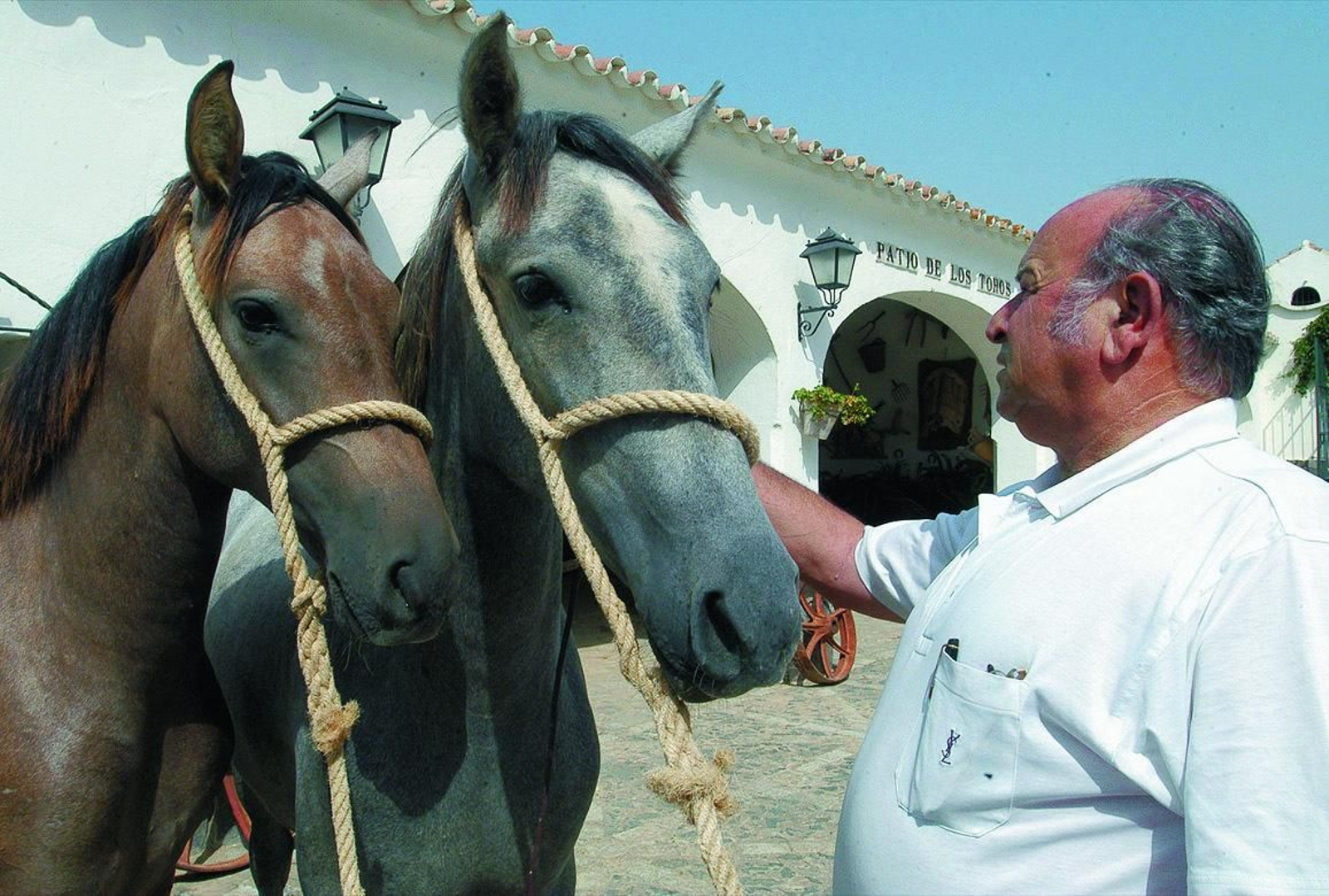 Álvaro Domecq, con dos potras, en la finca Los Alburejos.