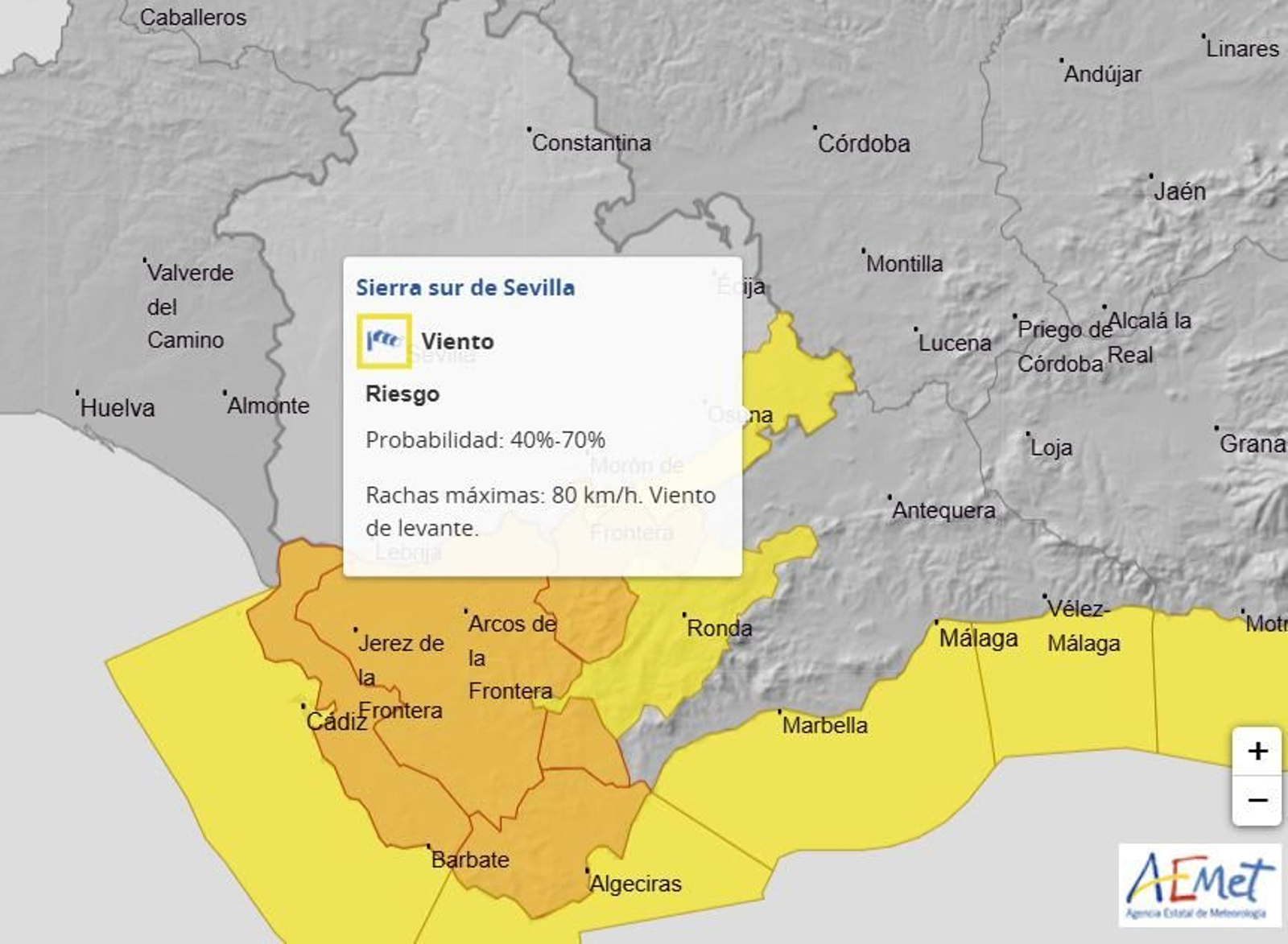 Aviso por fuertes rachas de viento en la Sierra Sur de Sevilla