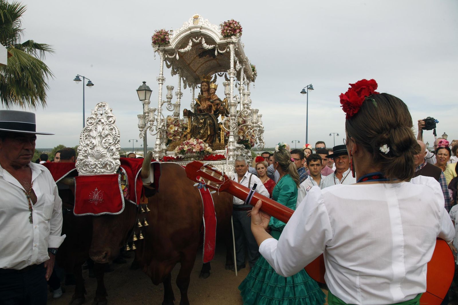 1- 6. La Patrona de Lepe, la Virgen Bella, reunió en su cortejo procesional de nuevo a cientos de personas para acompañarla en la procesión que realizó ayer por el recinto romero de El Terrón. El paso de plata con la imagen tirado por bueyes recorrió lentamente pero sin pausa casi todas las calles y regresó a la ermita ya entrada la noche. Durante el recorrido se escucharon cantes y vivas a la Virgen.