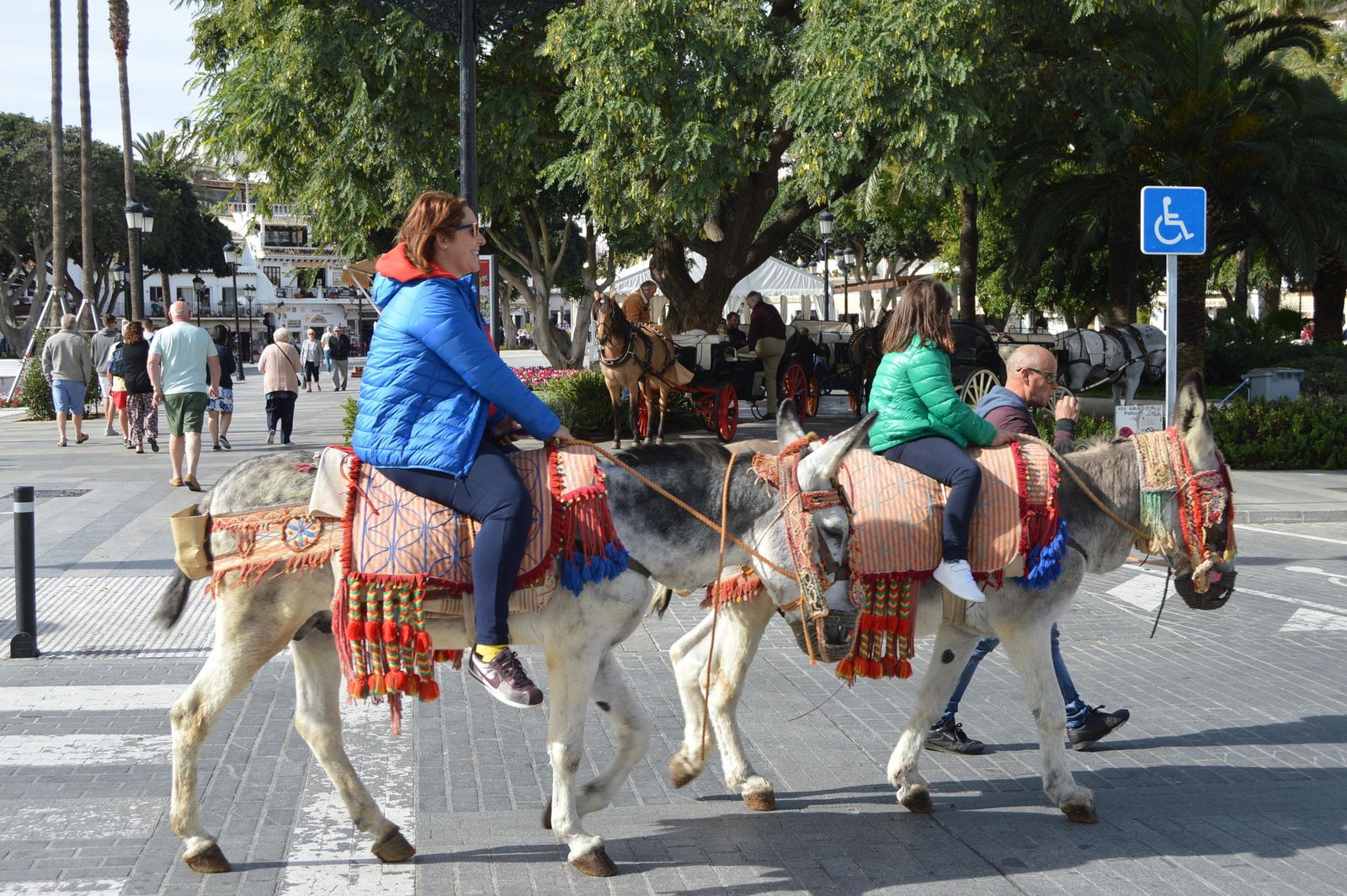 Una turista pasea en burro por la plaza Virgen de la Peña.