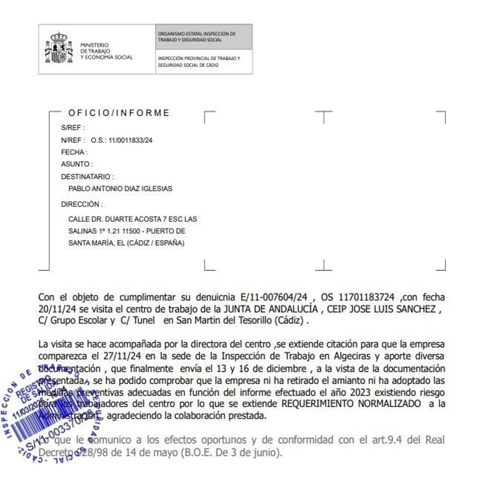 El requerimiento de la Inspección de Trabajo a la delegación.