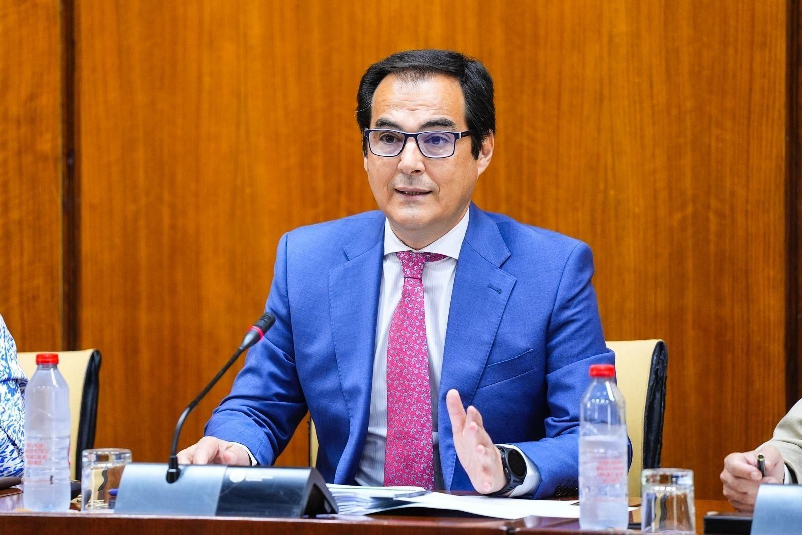 El consejero de Justicia, José Antonio Nieto, esta mañana en la comisión del Parlamento de Andalucía.