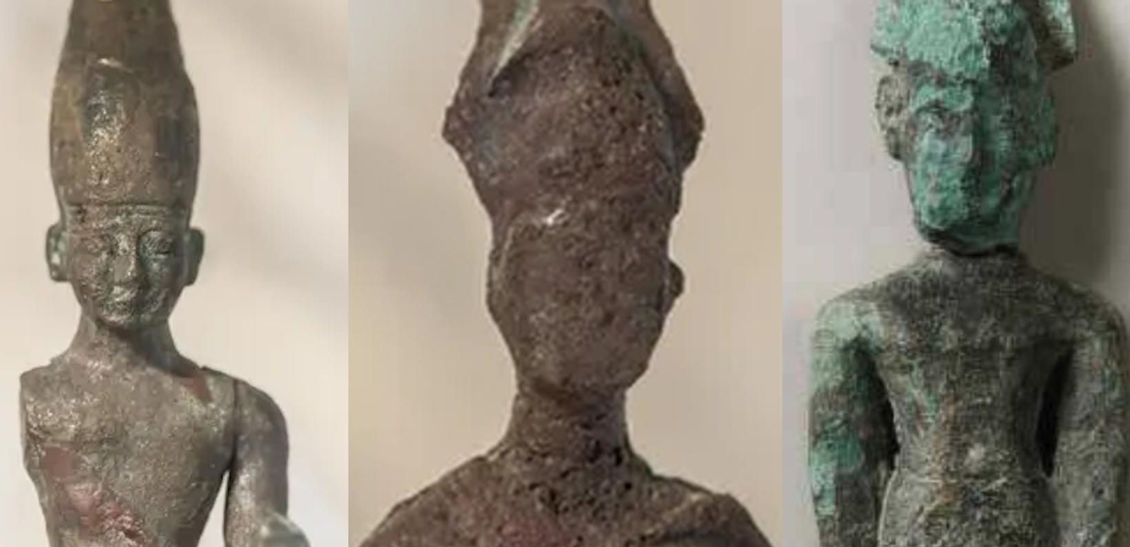 Los tres 'Reshef', las estatuillas de bronce encontradas en la ría de Huelva (las dos primeras) y en un solar en el centro de la capital (derecha).