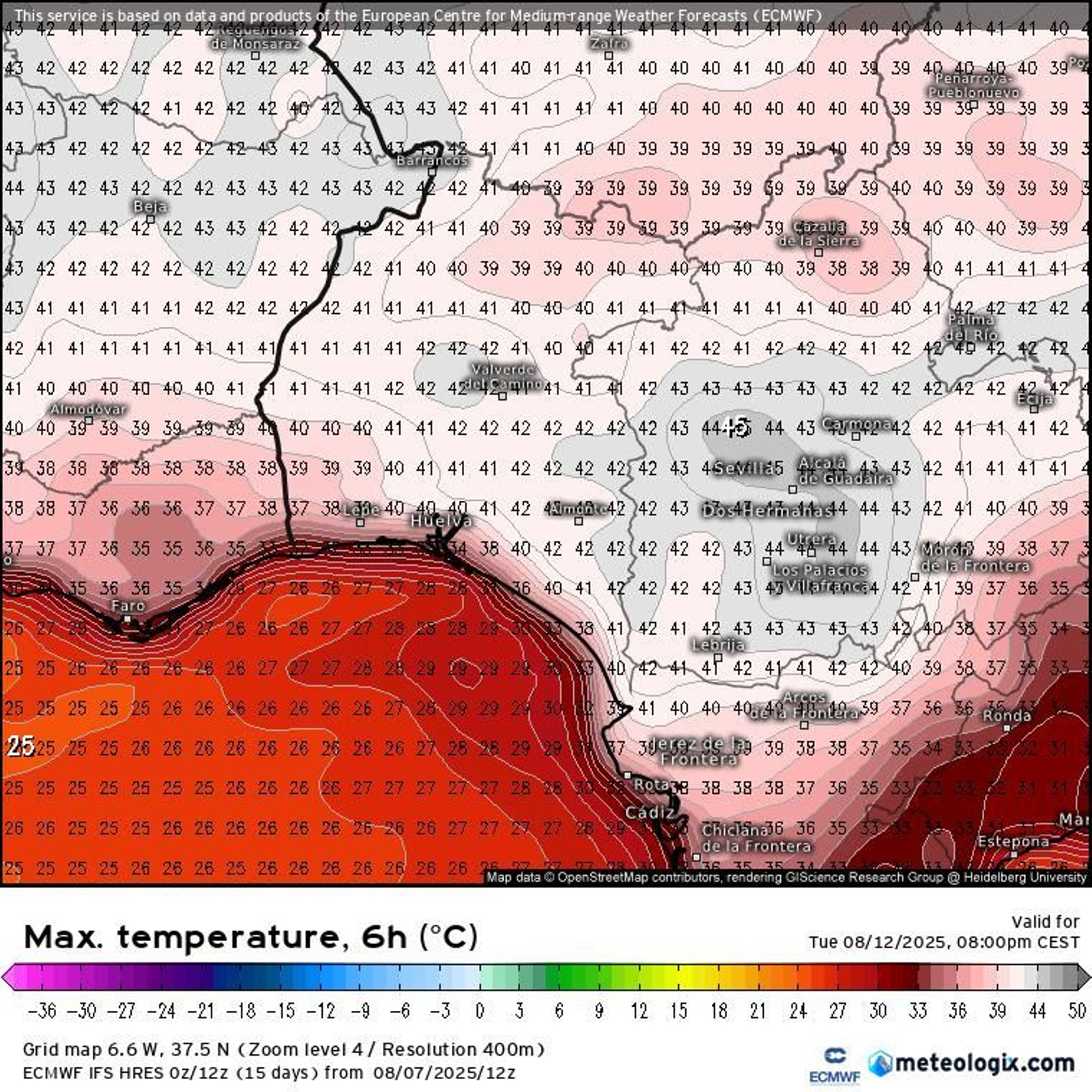 Mapa de temperaturas para los próximos días en Huelva.