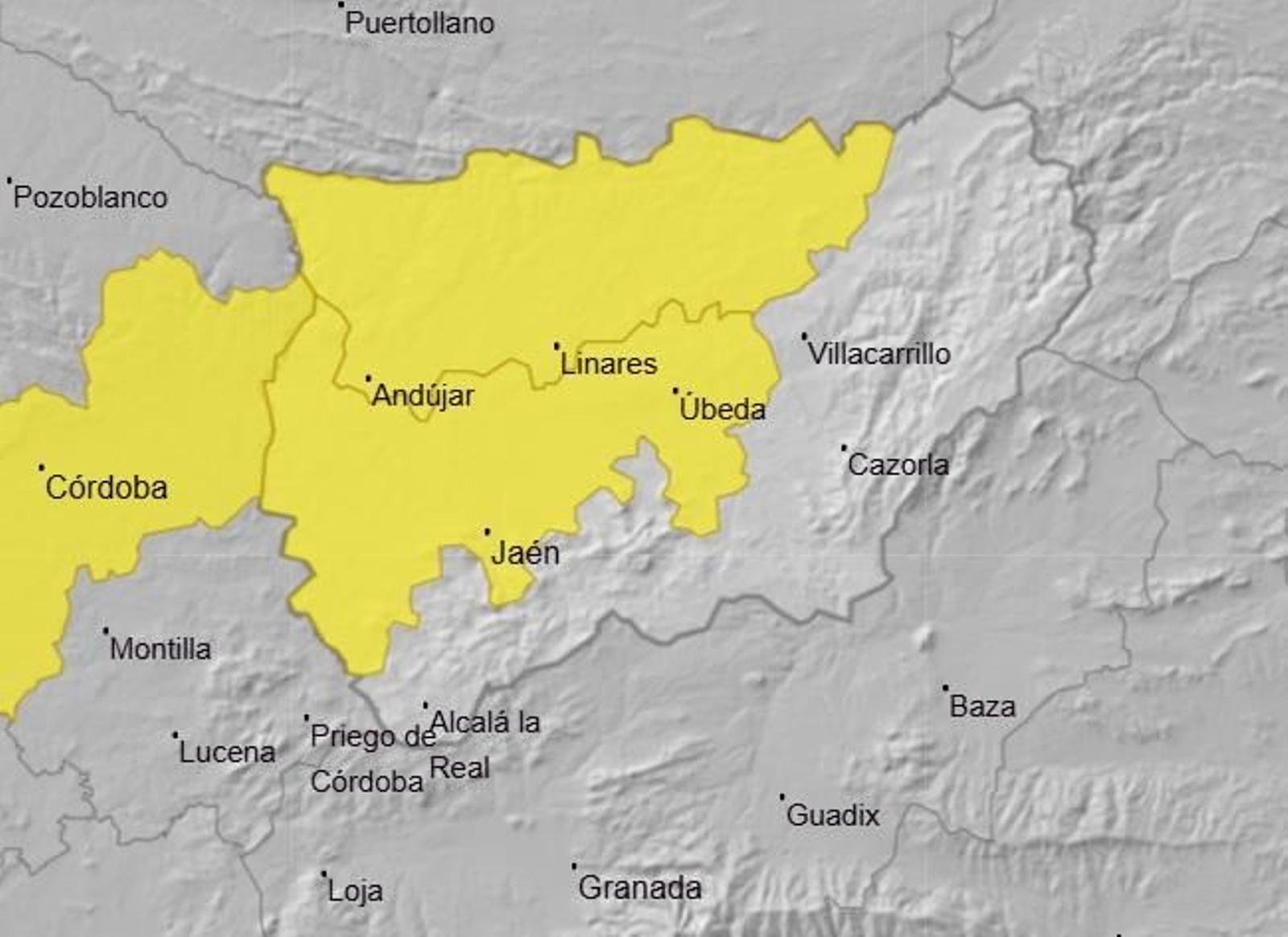 Las zonas con aviso amarillo en la provincia de Jaén para el domingo.