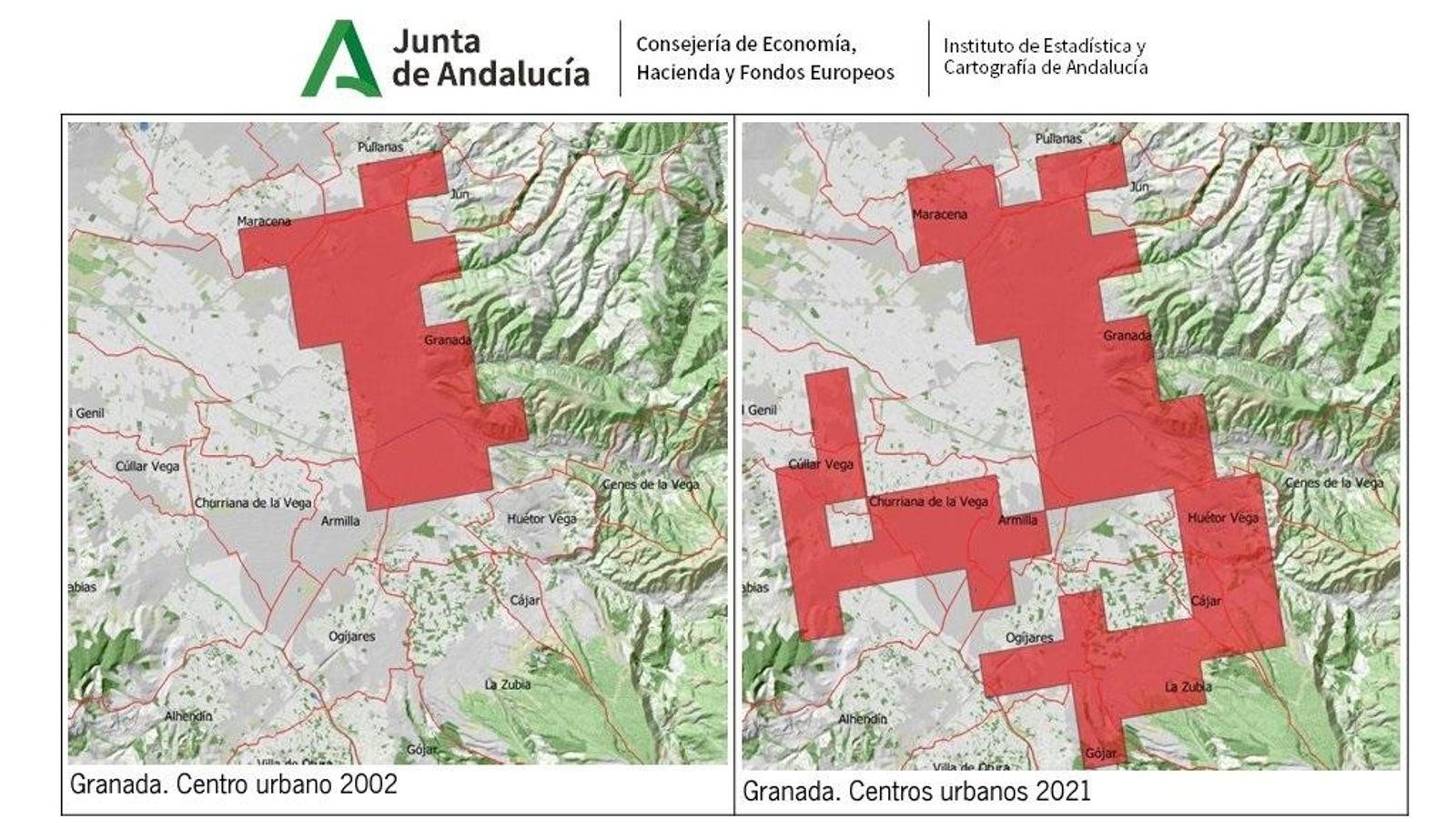 Imagen de los centros urbanos de Granada y su evolución desde 2002 a 2022