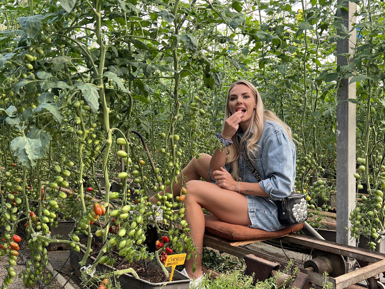 La influencer Ivona Dadic prueba una hortaliza dentro de un invernadero