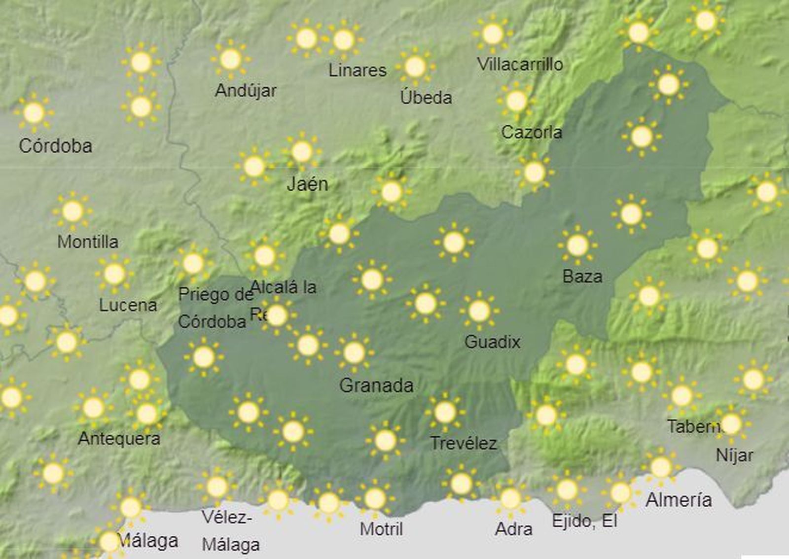 Representación en el mapa en la Aemet de la predicción del tiempo para Granada el miércoles 2 de febrero de 2022
