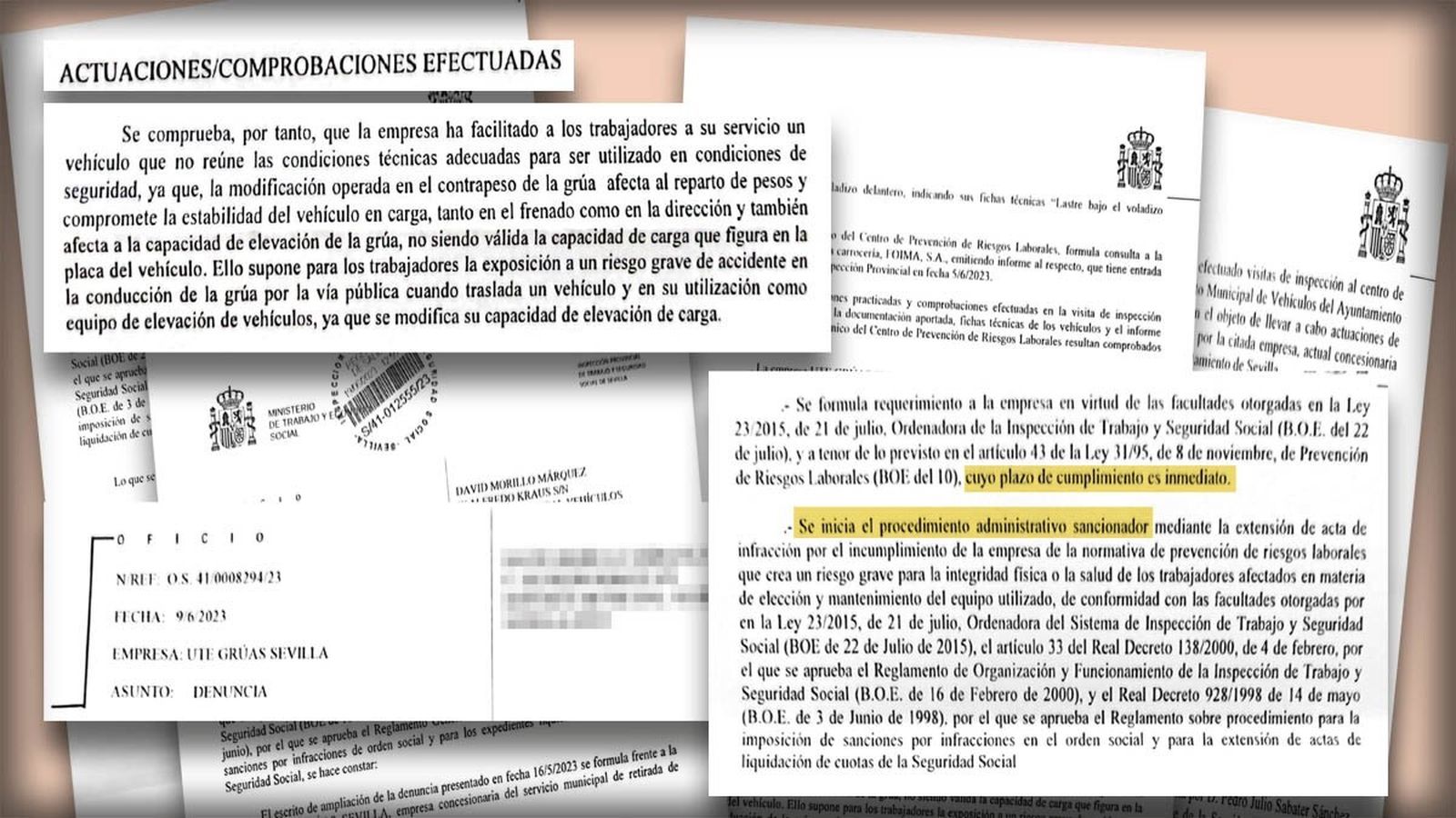 Extractos de la resolución de la Inspección de Trabajo (9 junio 2023) en la grúa municipal.