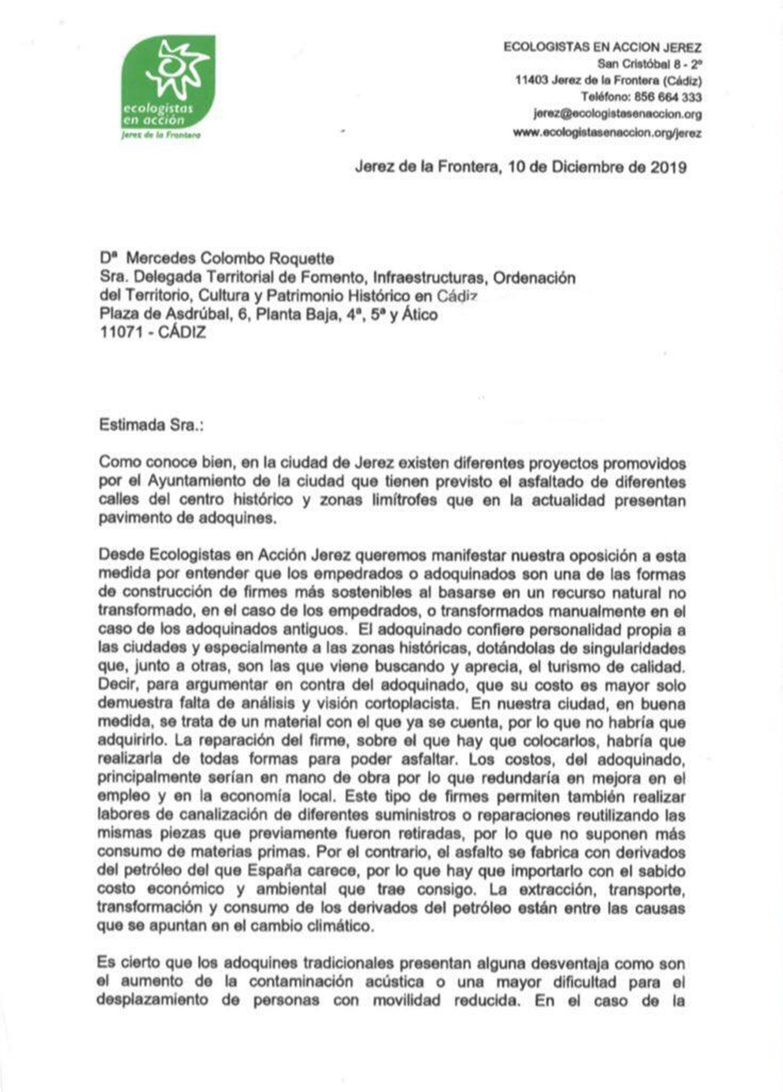 Escrito presentado por Ecologistas en Acción ante la delegación de Fomento y Cultura