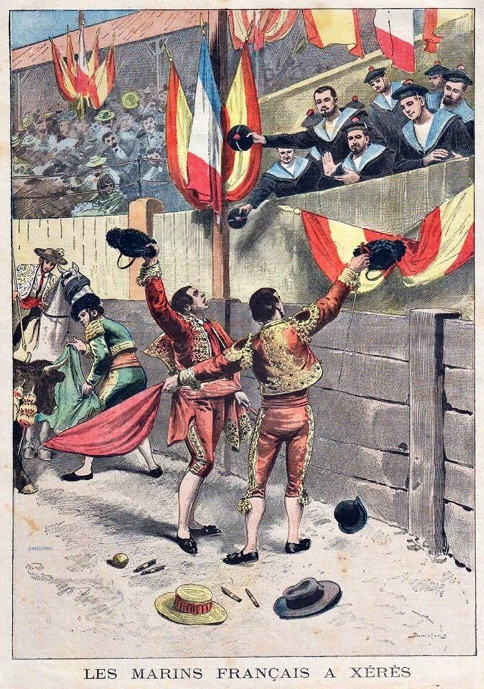 Marinos franceses en la plaza de toros de Jerez, abril de 1899.