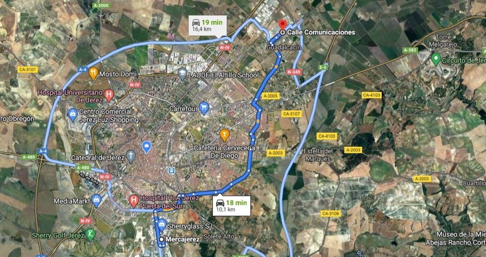 Mapa con la distancia entre Mercajerez y la Ciudad del Transporte.