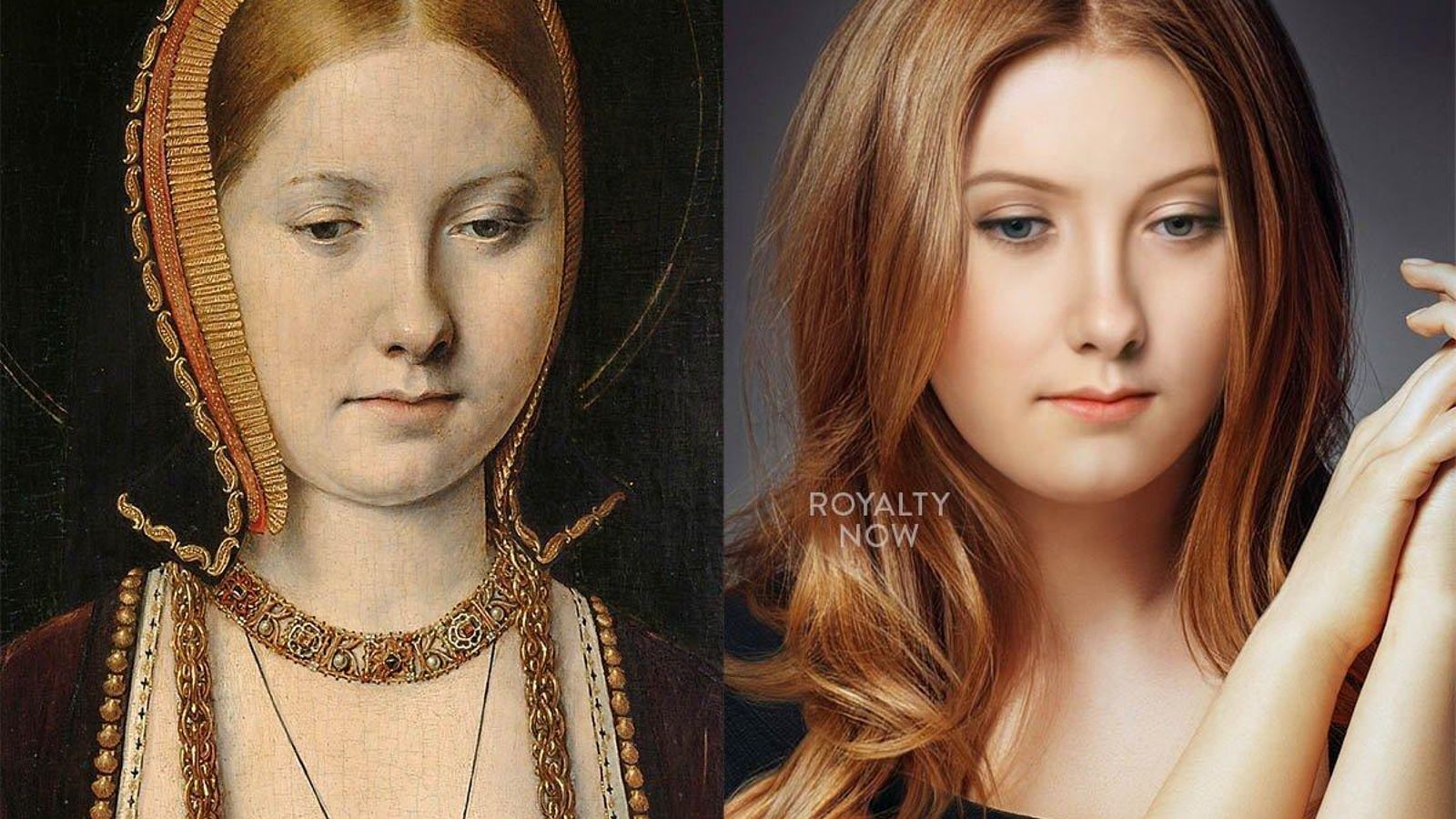Catalina de Aragón en un retrato. A la derecha en una recreación en foto realizada por inteligencia artificial